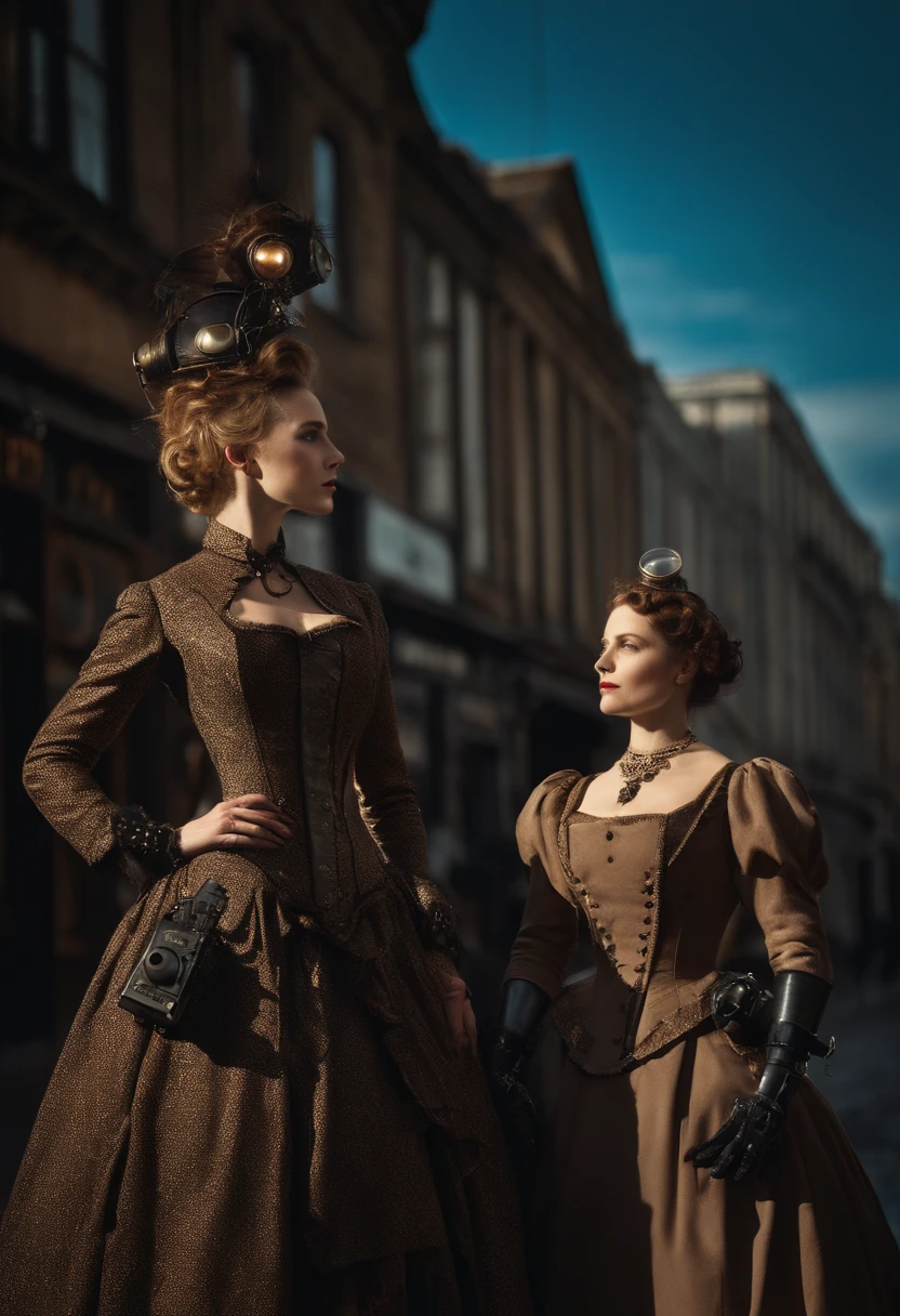 there are two robots that are standing in the street, in detailed steampunk dress, cinematic style photograph, two women, inspired by Jean Tabaud, three women, terminals, fishpeople, 2008 cinematography, iain mccaig, humanized, 5 0 0 px models, promotional photograph, 1 9 th century photography