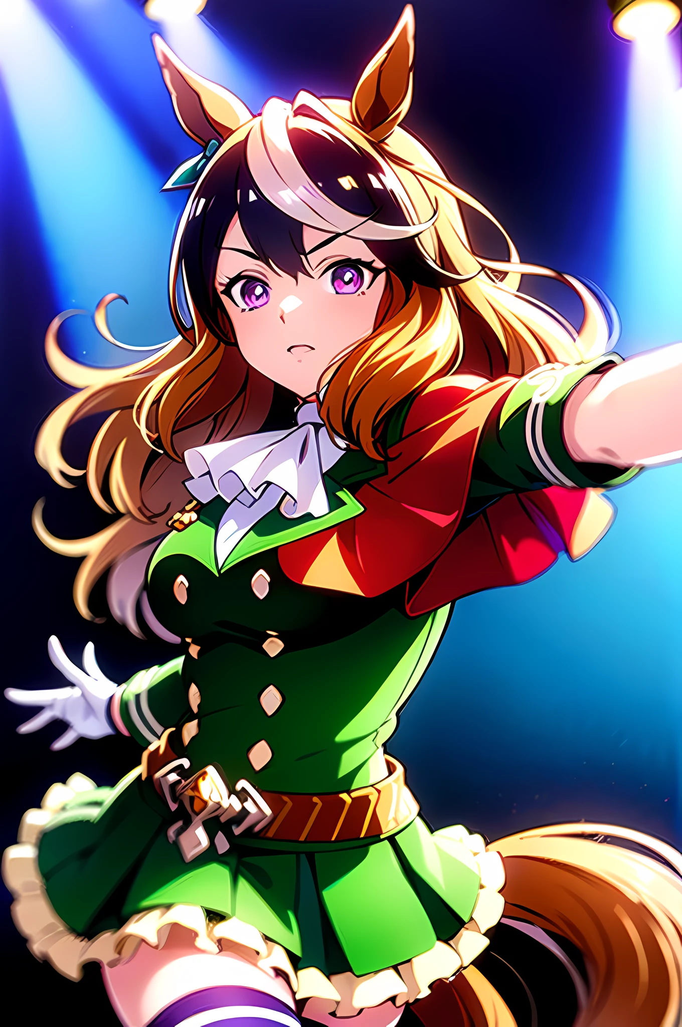 (top-quality:1.3), (​masterpiece:1.4),(Anatomically correct), (Full limbs),(complete fingers),(Precise fingertips), (Fine details),(8K),Photorealista,(Super Detail),(90s Anime,9 0 s anime,9 0 s anime style,anime cels,cel shaded anime),(Symbolic Rudolph (Umamusume):1.52), horse ear, animal ear, 独奏, Horse Girl, tailed, Horse's tail, thighs thighs thighs thighs, brown haired, gloves, length hair, O cabelo multicolorido, black thighhighs, white glove, epaulette, Single epaulette, striated hair, Cape, a purple eye, red cape, jewely, ascot, long-sleeve, white  hair, Black footwear, 耳Nipple Ring, White Ascot, Single earring, skirt by the, Ezirre, (Green jacket:1.5), frilld, jaket, hair between eye, (Green skirt:1.5), Ruffled skirt, a closed mouth, bangss, buttoning, gold trim, a belt, Green dress, doress, medal, (1人の女性:1.5), Beautiful face, Intense lighting),raw, Dramatic light, Movie Quality,Cute little girl s，Dress up in gorgeous stage costumes，Standing on a stage，(Sing and dance with a microphone:1.5)，Spotlights illuminate the body，Energetic