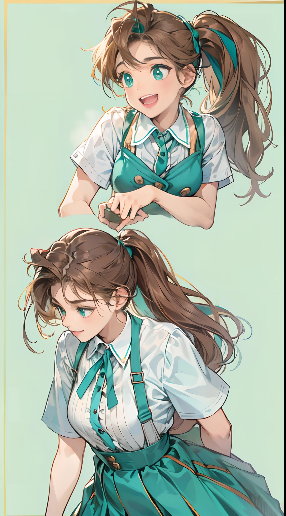 1womanl,12year old,Brown hair,Beautiful ponytail hairstyle, (Teal High Waist Skirt:1.3),, (whiteshirt:1.3), (double-breasted,Underbust:1.2), Short sleeves, buttonGap,a smile,small tits,suspenders,