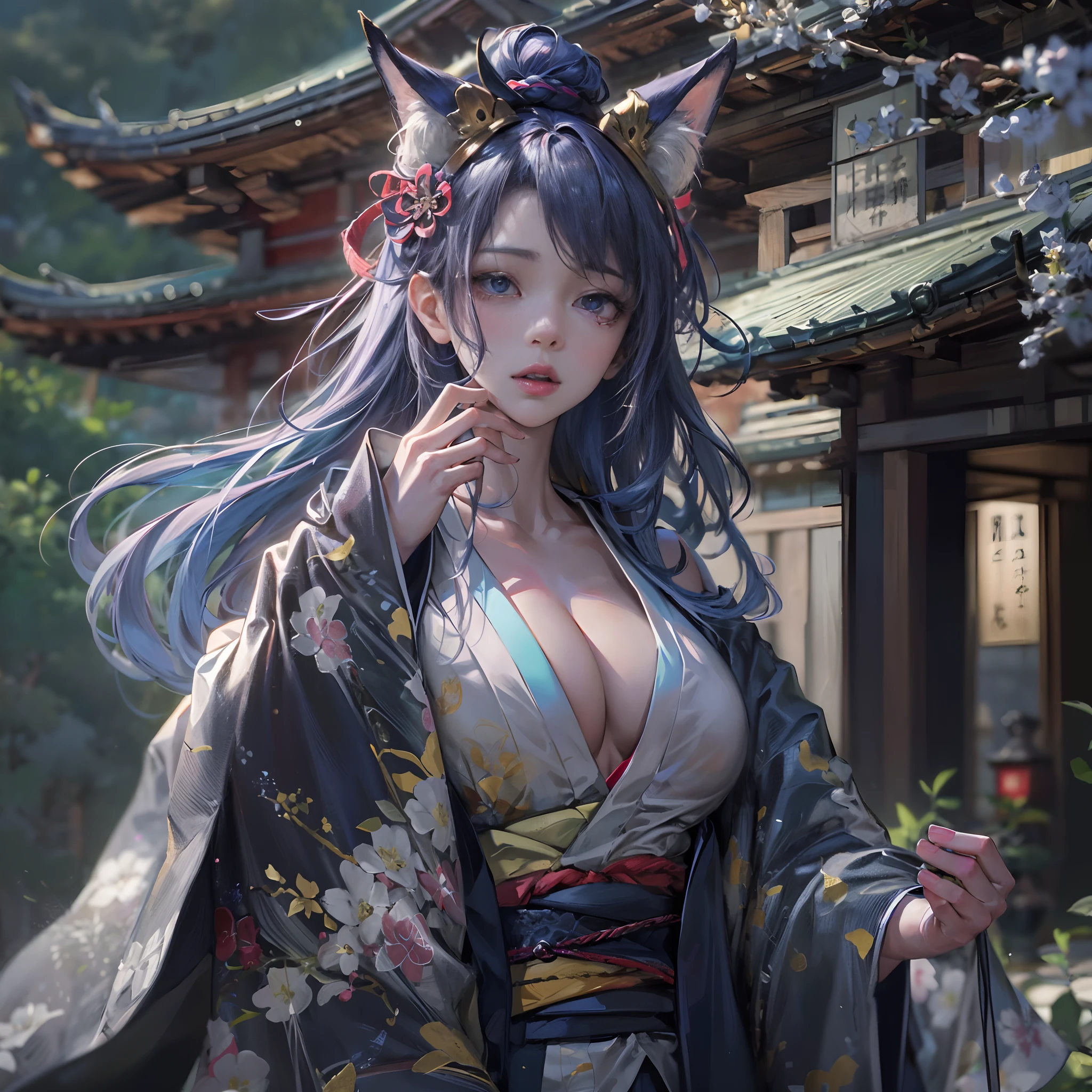 Cinematic lighting,super detailed skin、Beautiful detailed eyes、Best Quality,Perfect Anatomy,(Alternative、dim colors, Soothing tones:1.3),(Detailed beautiful facial features:1.3)Girl in sexy and fancy purple kimono、 （Girl Blowing the Whistle、Highly detailed hands:1.6）Inside the temple where you can see the waterfall of Kiyomizu-dera Temple、Highly detailed feet（A horde of fox men surrounds her,、I'm paying attention:1.8）fullllbody