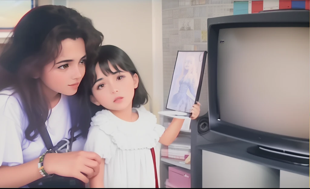 There's a woman and a girl who are standing in front of a TV, television still, imagem antiga, TV ainda quadro, black and white television still, imagem de qualidade muito baixa, television show, childhood friend, foto antiga, Vindima granulada, muitos anos se foram, videotape still from 1985, documentary still, Qualidade de imagem VHS colorida