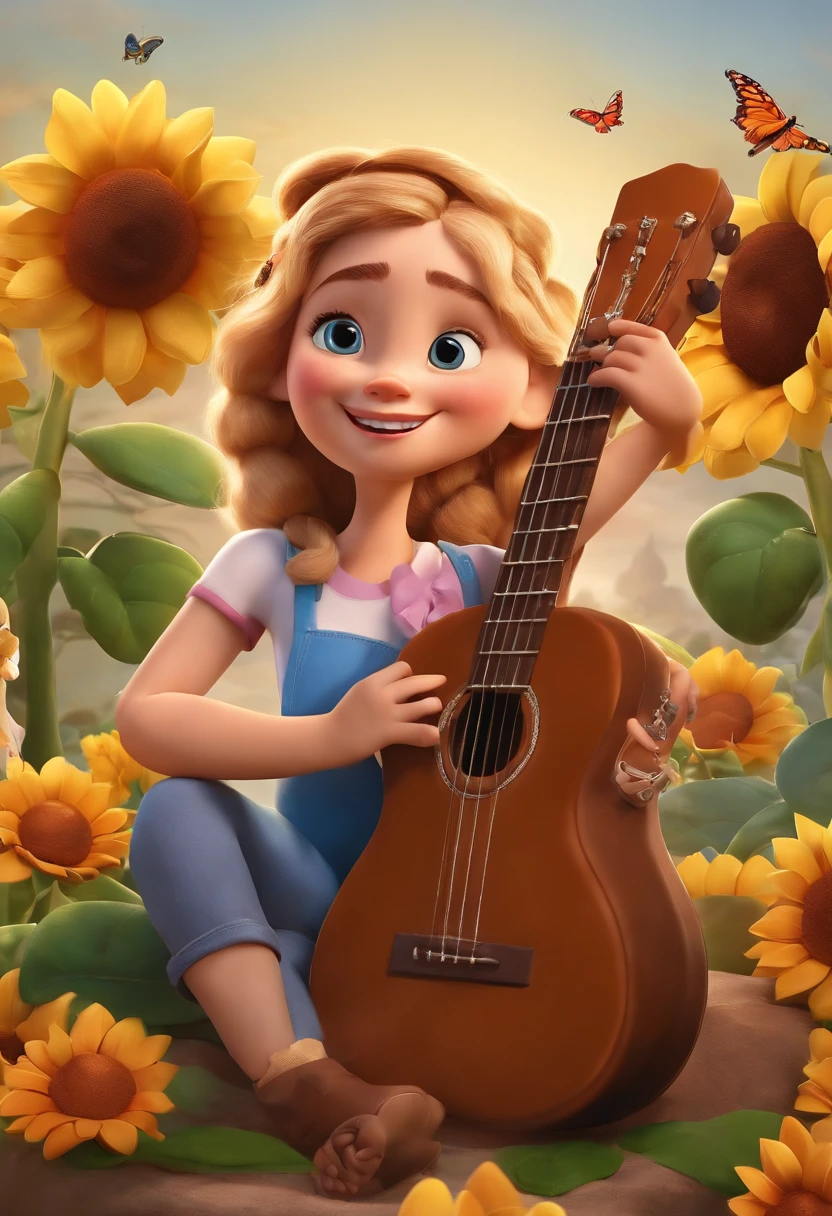 Create a Disney PIXAR-style 3D poster. ((centro da imagem uma mulher de pele chocolate negra), She's playing the guitar, TWM a rosary of Mary on her wrist and a tattoo of butterflies. A tem pele morena chocolate, cabelos preto escuro, olhos pretos, cabelos escuros e cacheados. ((tudo isso no estilo Disney PIXAR 3D, In the background, An environment with sunflowers, Gloria Studio, The garden is full of nature 3D render RTX clay material, estilo de design cartunesco, POP Mart, soft lighting, linhas suaves, Spring tilt, Detailed illustrations of PIXAR 3D, Detalhes hiper-realistas, cor quente no estilo Disney PIXAR 3D))