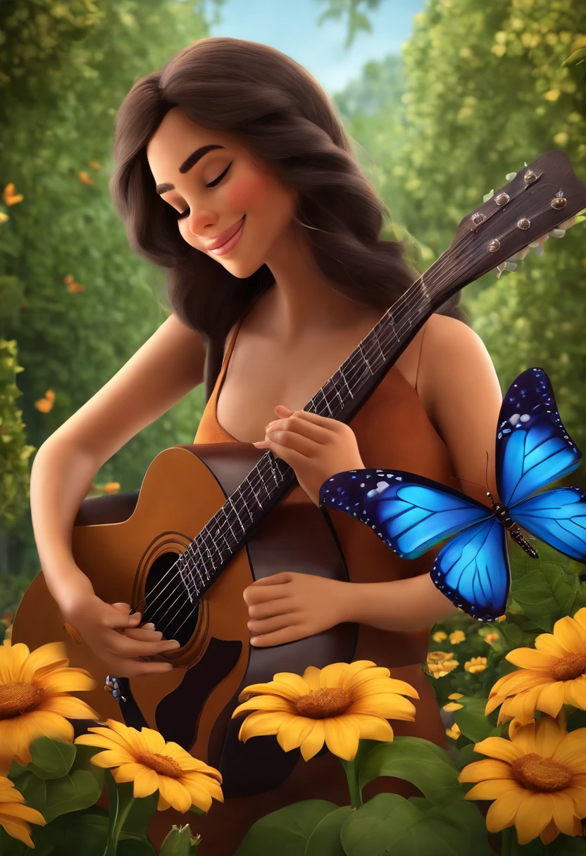 Create a Disney PIXAR-style 3D poster. ((centro da imagem uma mulher de pele chocolate negra), She's playing the guitar, TWM a rosary of Mary on her wrist and a tattoo of butterflies. A menina tem pele morena chocolate, cabelos preto escuro, olhos pretos, cabelos escuros e cacheados. ((tudo isso no estilo Disney PIXAR 3D, In the background, An environment with sunflowers, Gloria Studio, The garden is full of nature 3D render RTX clay material, estilo de design cartunesco, POP Mart, soft lighting, linhas suaves, Spring tilt, Detailed illustrations of PIXAR 3D, Detalhes hiper-realistas, cor quente no estilo Disney PIXAR 3D))