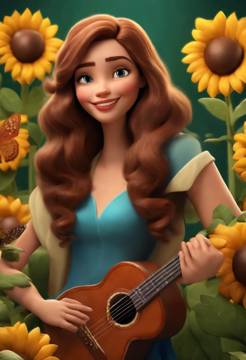 Create a Disney PIXAR-style 3D poster. ((centro da imagem uma mulher de pele chocolate negra), She's playing the guitar, TWM a rosary of Mary on her wrist and a tattoo of butterflies. A menina tem pele morena chocolate, cabelos preto escuro, olhos pretos, cabelos escuros e cacheados. ((tudo isso no estilo Disney PIXAR 3D, In the background, An environment with sunflowers, Gloria Studio, The garden is full of nature 3D render RTX clay material, estilo de design cartunesco, POP Mart, soft lighting, linhas suaves, Spring tilt, Detailed illustrations of PIXAR 3D, Detalhes hiper-realistas, cor quente no estilo Disney PIXAR 3D))