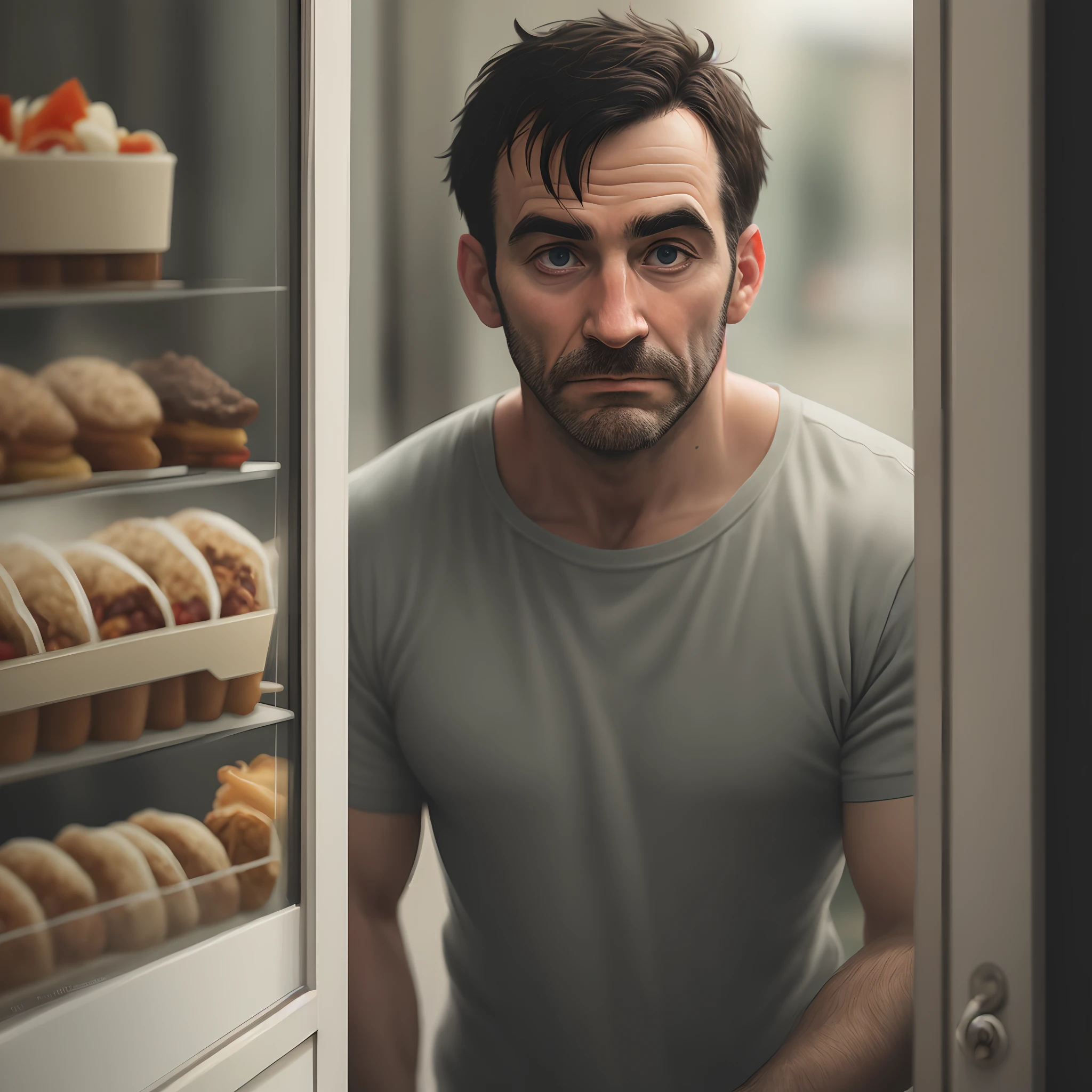 Hungry man staring at food through a window
