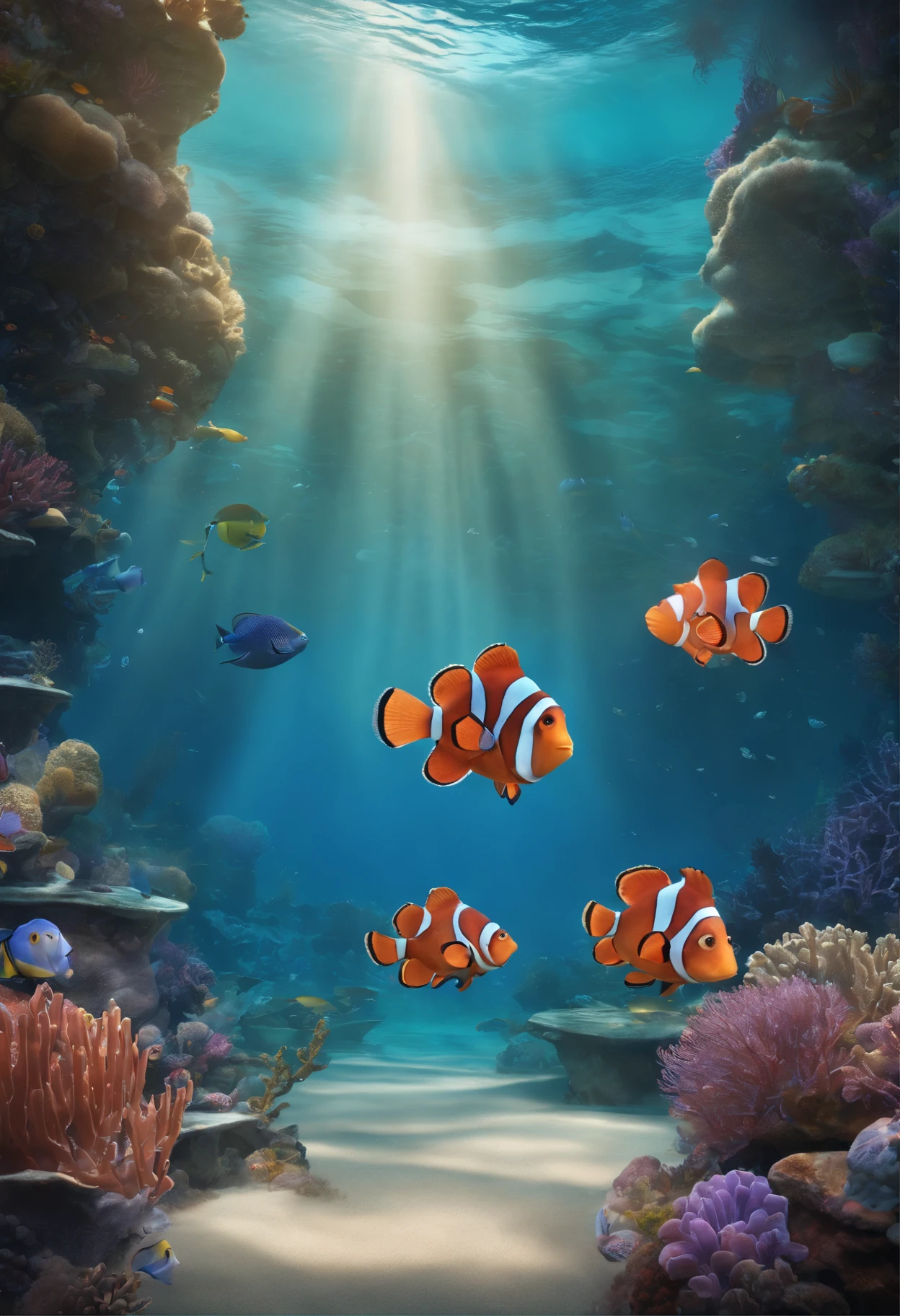 (best quality,4k,8k,highres,masterpiece:1.2),ultra-detailed,(realistic,photorealistic,photo-realistic:1.37),office,nemo,dory,pixar film,pixar movies,pixar style,deep blue ocean,magnificent lighting,aquatic environment,beautiful underwater scene,exquisite details under the sea,brilliant colors,whimsical characters,enthralling atmosphere,immersive depth,seamless integration of marine life,playful expressions,dynamic composition,endearing expressions,elegant underwater architecture,sharp focus on every detail,vibrant coral reefs,impressive marine species,expressive textures,striking visual effects,enchanted ambiance,stunning visual artistry,spellbinding atmosphere,realistic ocean waves,extraordinary painting techniques,ethereal sea creatures,surreal scenery,mesmerizing water reflections,crystal-clear clarity,attention to texture and shading,eye-catching animation,unforgettable masterpiece