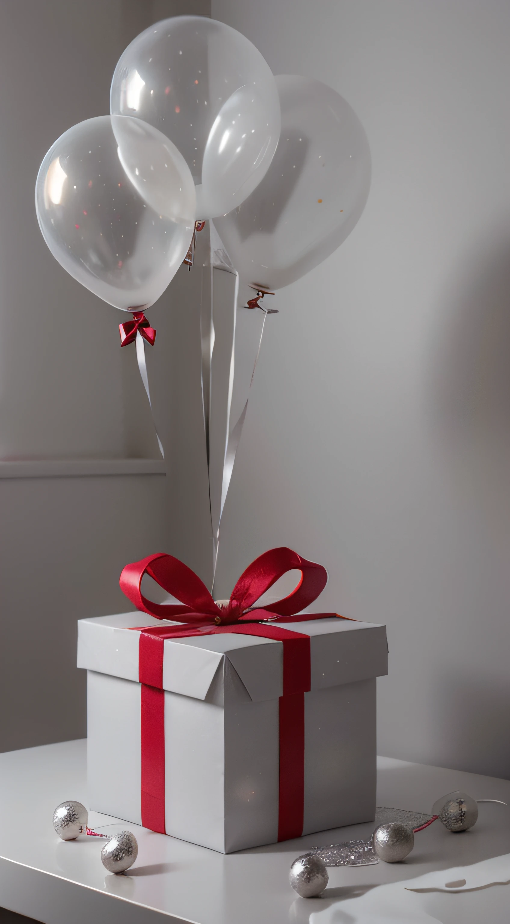 A white balloon floats in the air with a small gift box tied with a red ribbon and with a red bow, A whole balloon in the center, Background: Neutral grey with glitter and stars, soft-lighting, realistic shadows, higly detailed, Shiny Grey Over Over, tinsel, Natural Eyeshadow, Soft 8K lighting