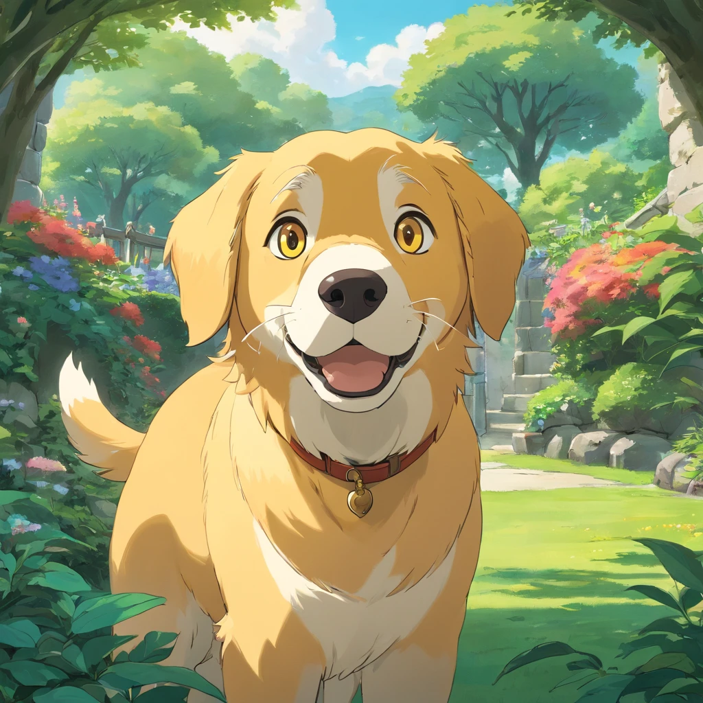 Un golden retreiver regardant la caméra avec un regard de surprise et de confusion, Regardant la tête tournée sur le côté, Dans un beau jardin