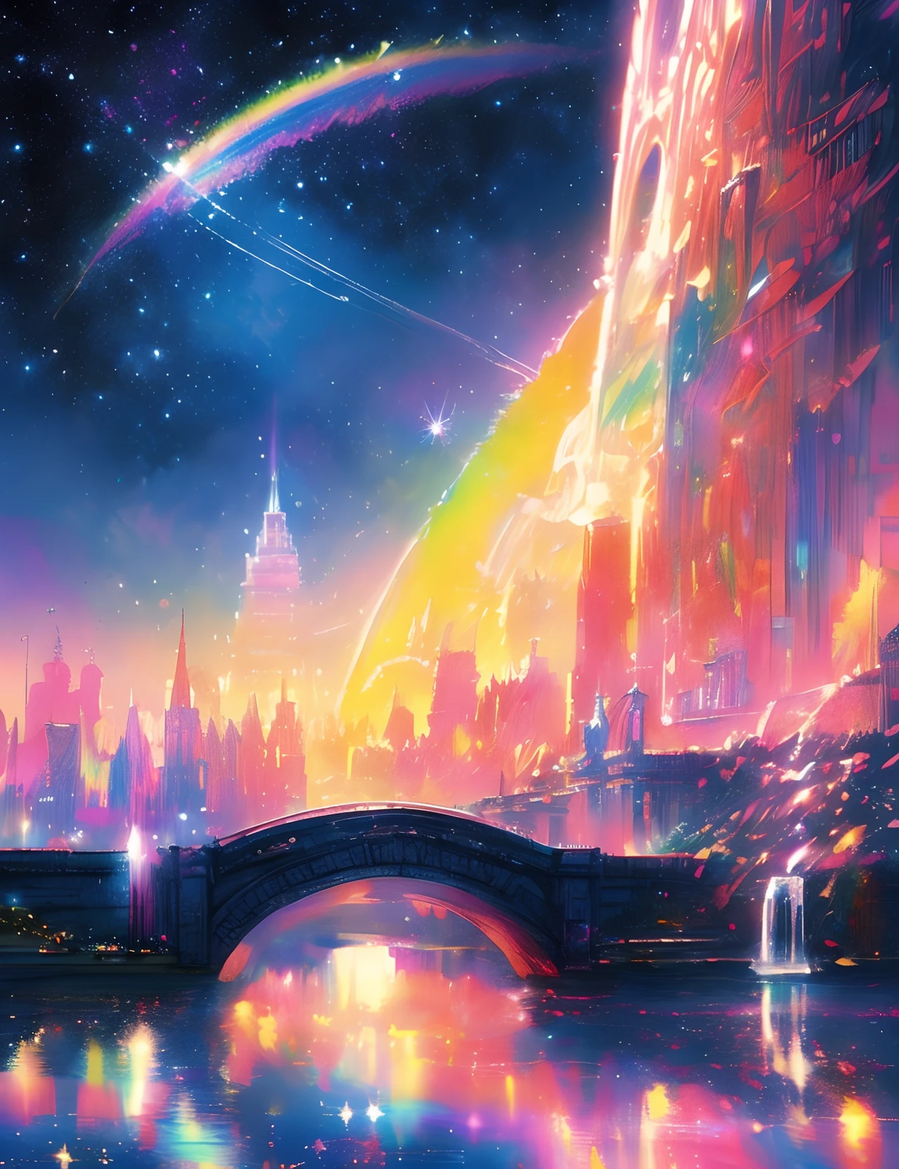 Colorful Metropolitan Museum of Art、River painting with stars and moon in rainbow sky、the met、Shining skyscrapers、Shine across the board、Skyscrapers、Concept art inspired by Mitsuoki Tosa、pixiv contest winners、top-quality、Fantasyart、beautiful anime scene、Bright moon、Moonlit star environment、Dream painting、Anime Background Art、Fantasy landscape art、fantasy knight、anime backgrounds、background artwork、Fantastic art、atmospheric anime、starrysky、Detail has been enhanced。