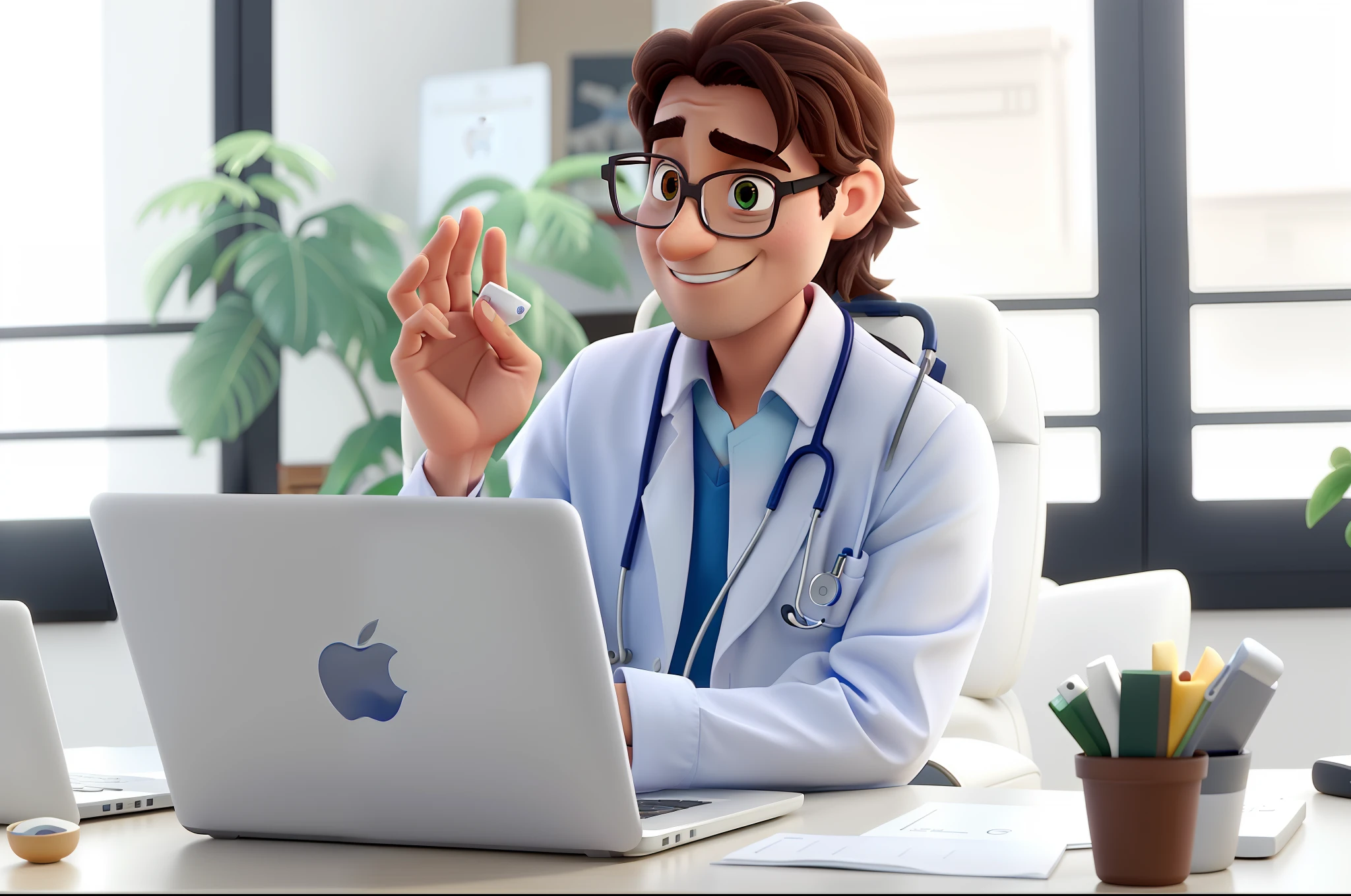 A doctor seeing a patient online, segurando uma centa e olhando para a tela do macbook. estilo pixar, alta qualidade, melhor qualidade