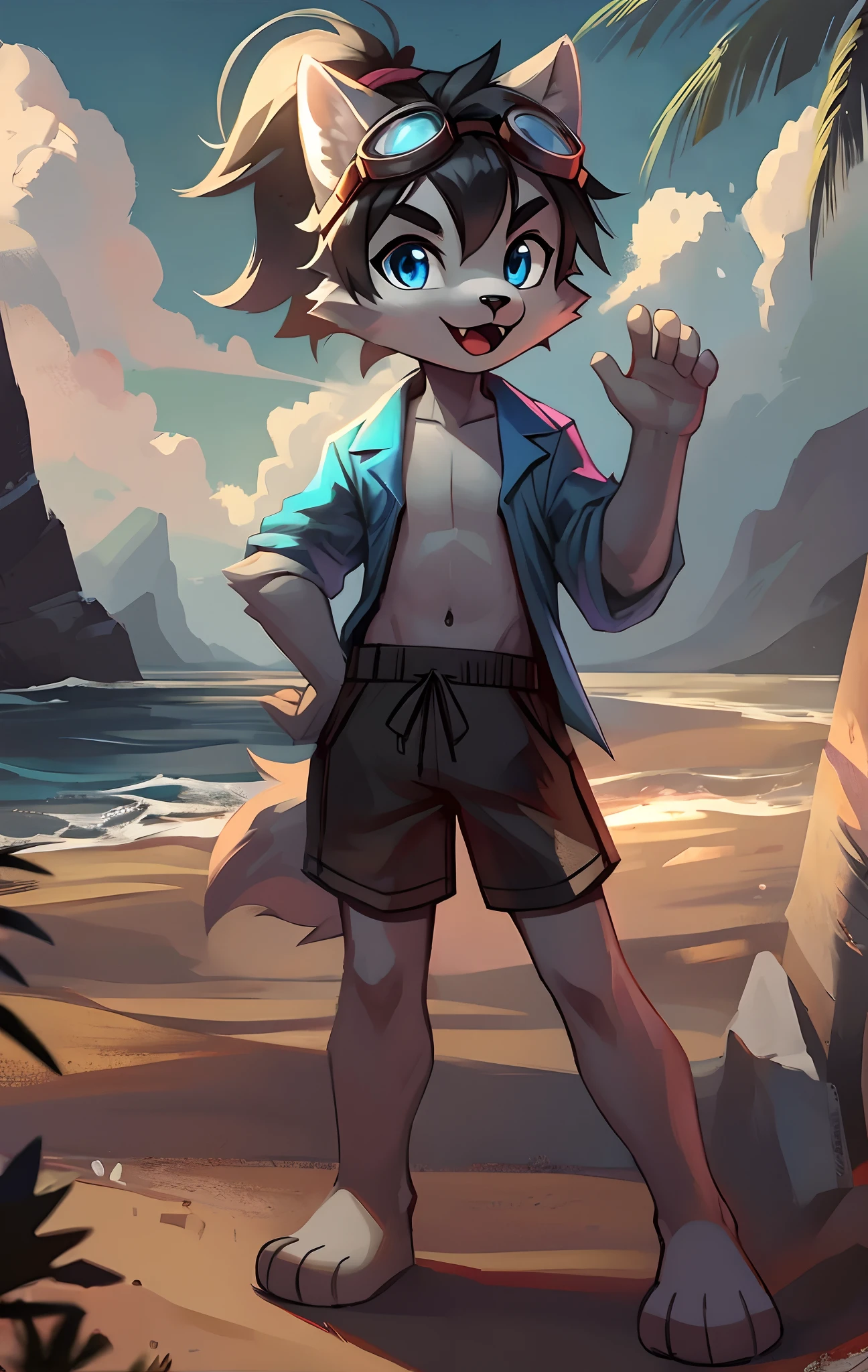 Furry shota, adult ((28years)), wolf, black hair, long spiky ponytail, blue eyes, detailed body fur, blue hawaiian shirt, open clothes, black trunks, goggles, masterpiece, looking at you, fangs, clear grey body fur, detailed face, big eyebrows, detailed eyes, detailed body, detailed body fur, detailed hands, flat body, glistering body, shiny body, skinny, beach, clear sky, sassy face, :3, open mouth, paws whit three toes, full body,