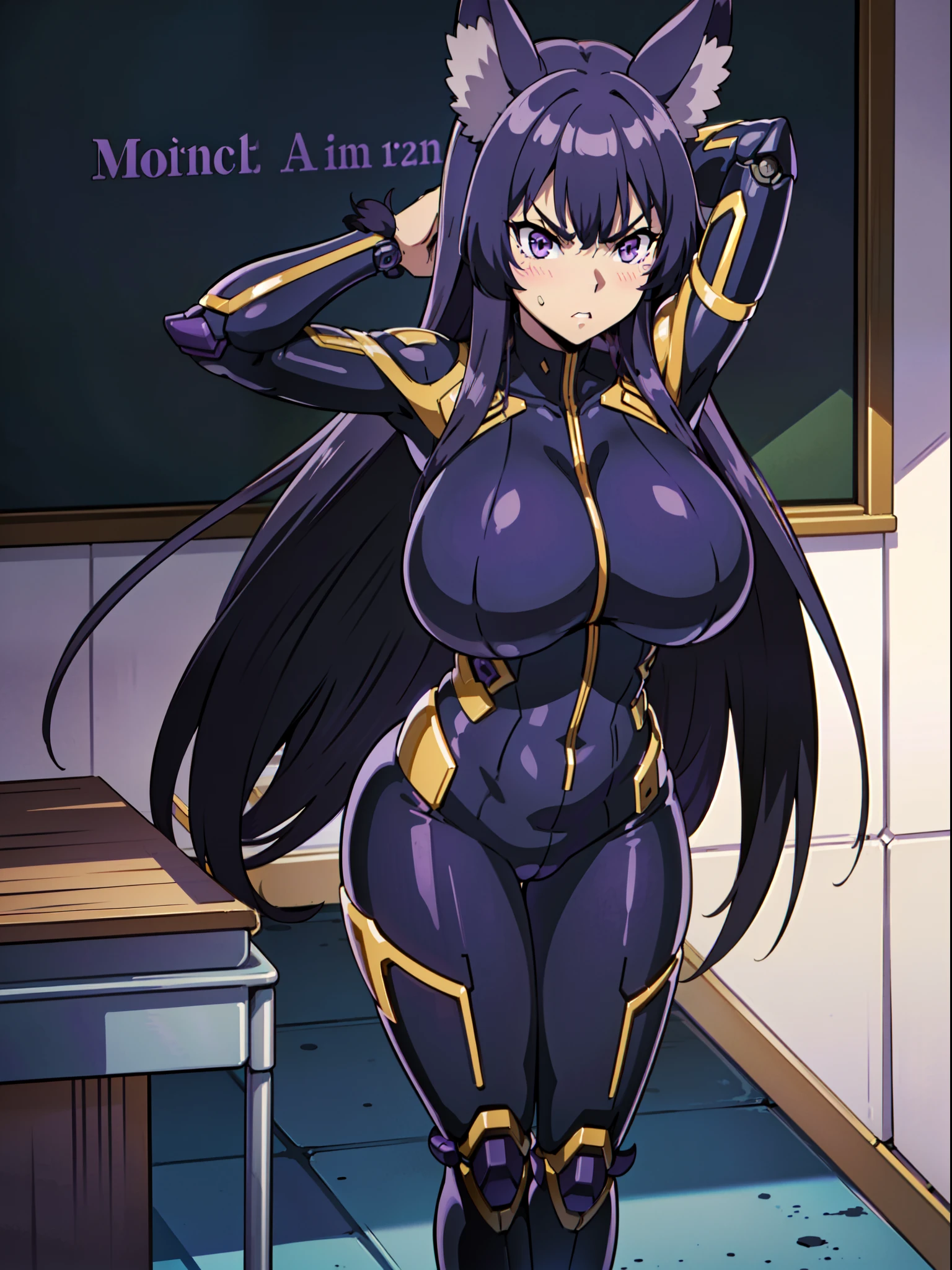 masterpiece, best quality, extremely detailed, anime art style, 1girl, mature female, solo, (huge breasts:1.2), ((purple hair, very long hair, purple eyes, wolf ears, wolf tail)), parted lips, (((purple plugsuit, mechanical arms, mechanical legs))), ((blush, angry), closed mouth), ((arms behind head, classroom))