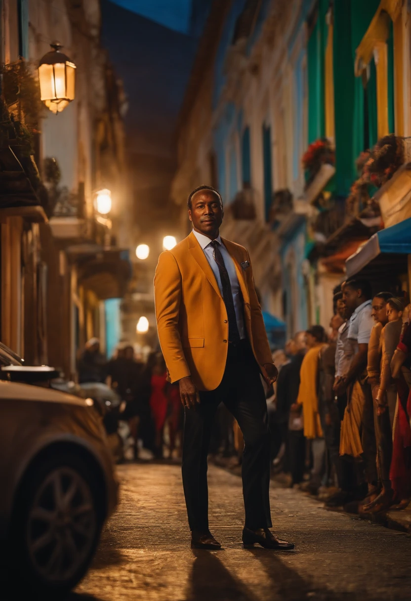 Um homem gordo, pele morena, careca, Wearing suit on a street with several people staring at him