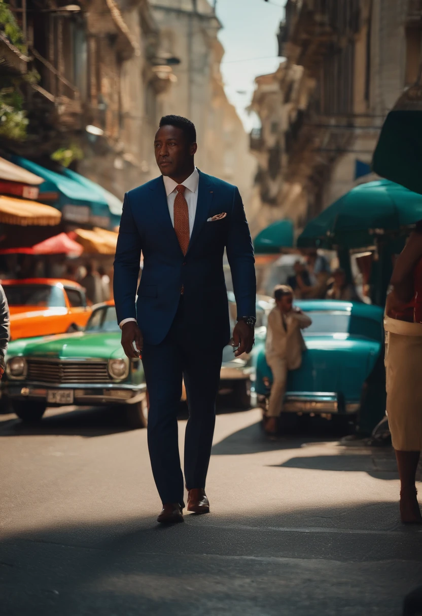 Um homem gordo, pele morena, careca, Wearing suit on a street with several people staring at him