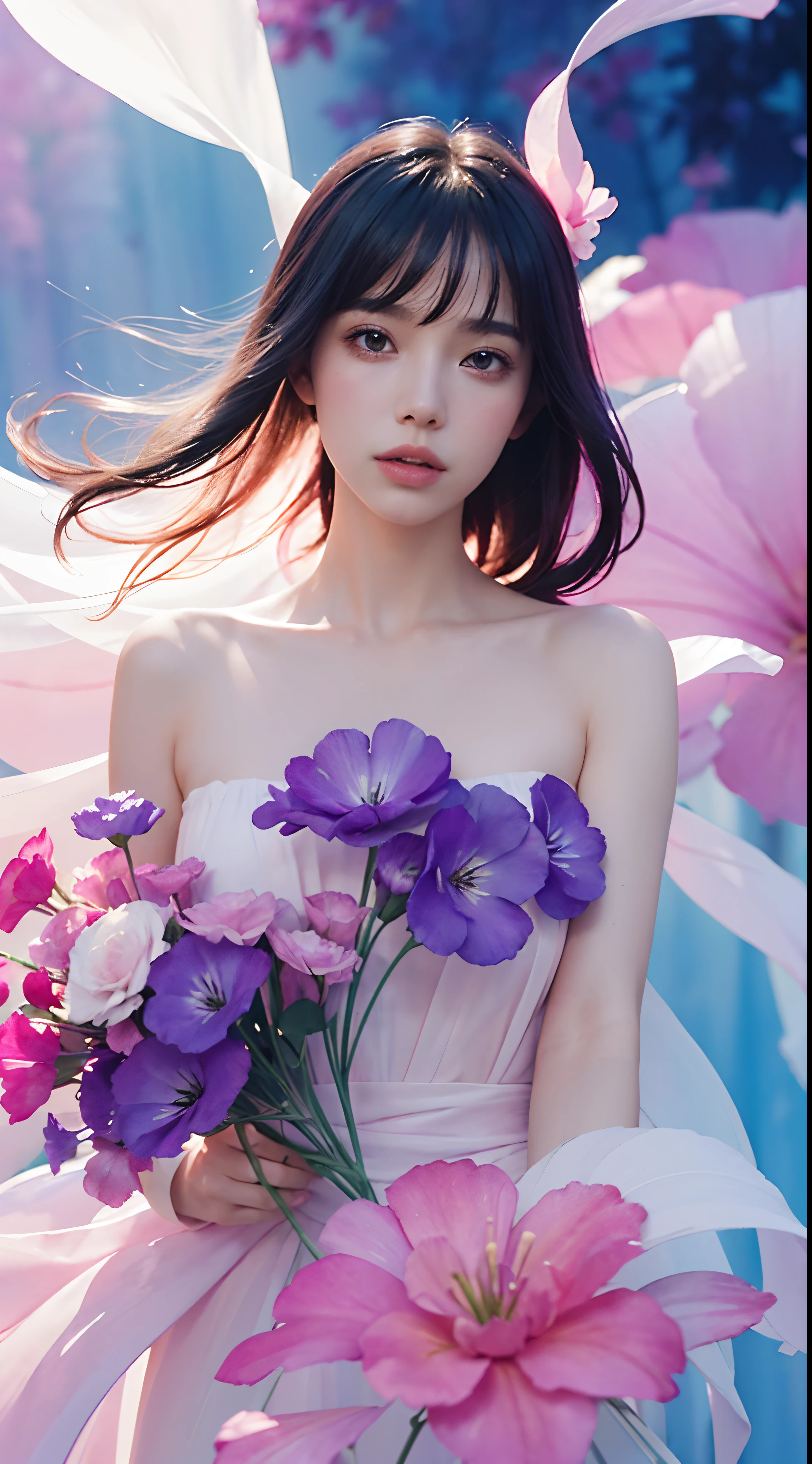 1girl,flower, Lisianthus ,in the style of light pink and light azure, dreamy and romantic compositions, pale pink, ethereal foliage, playful arrangements,fantasy, high contrast, ink strokes, explosions, over exposure, purple and red tone impression , abstract, ((watercolor painting by John Berkey and Jeremy Mann )) brush strokes, negative space, Shruti Hassan