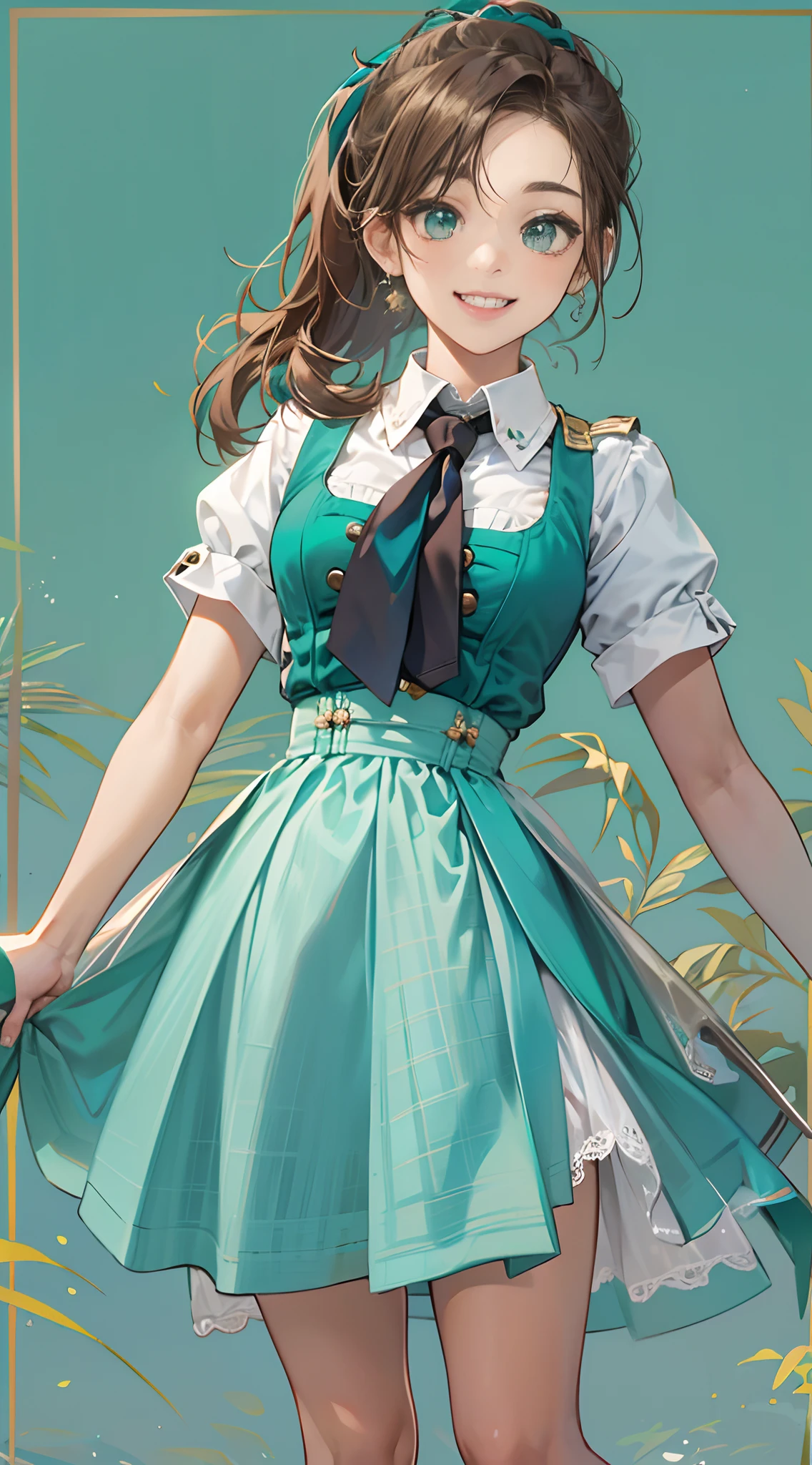 1womanl,12year old,Brown hair,Beautiful ponytail hairstyle, (Teal High Waist Skirt:1.3),, (whiteshirt:1.3), (double-breasted,Underbust:1.2), Short sleeves, buttonGap,a smile,small tits,suspenders,
