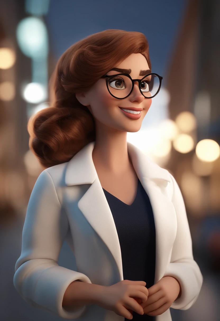 Cartoon character of a woman with round glasses and a white coat, cabelos castanhos longos, animation character, Caractere estilizado, animation style rendering, 3D estilizado, Arnold Maya render, 3 d render stylized, toon render keyshot, Personagem 3D, Personagem 3D, 3d rendering stylized, 3 d character render, personagem de desenho animado, Personagem de close up, Pose de personagem, (Estilo Pixar) (master part:1.2) (Bokeh) (best quality) (pele detalhada) (textura detalhada) (8k) (argila) (Cinematic lighting) (foco nítido