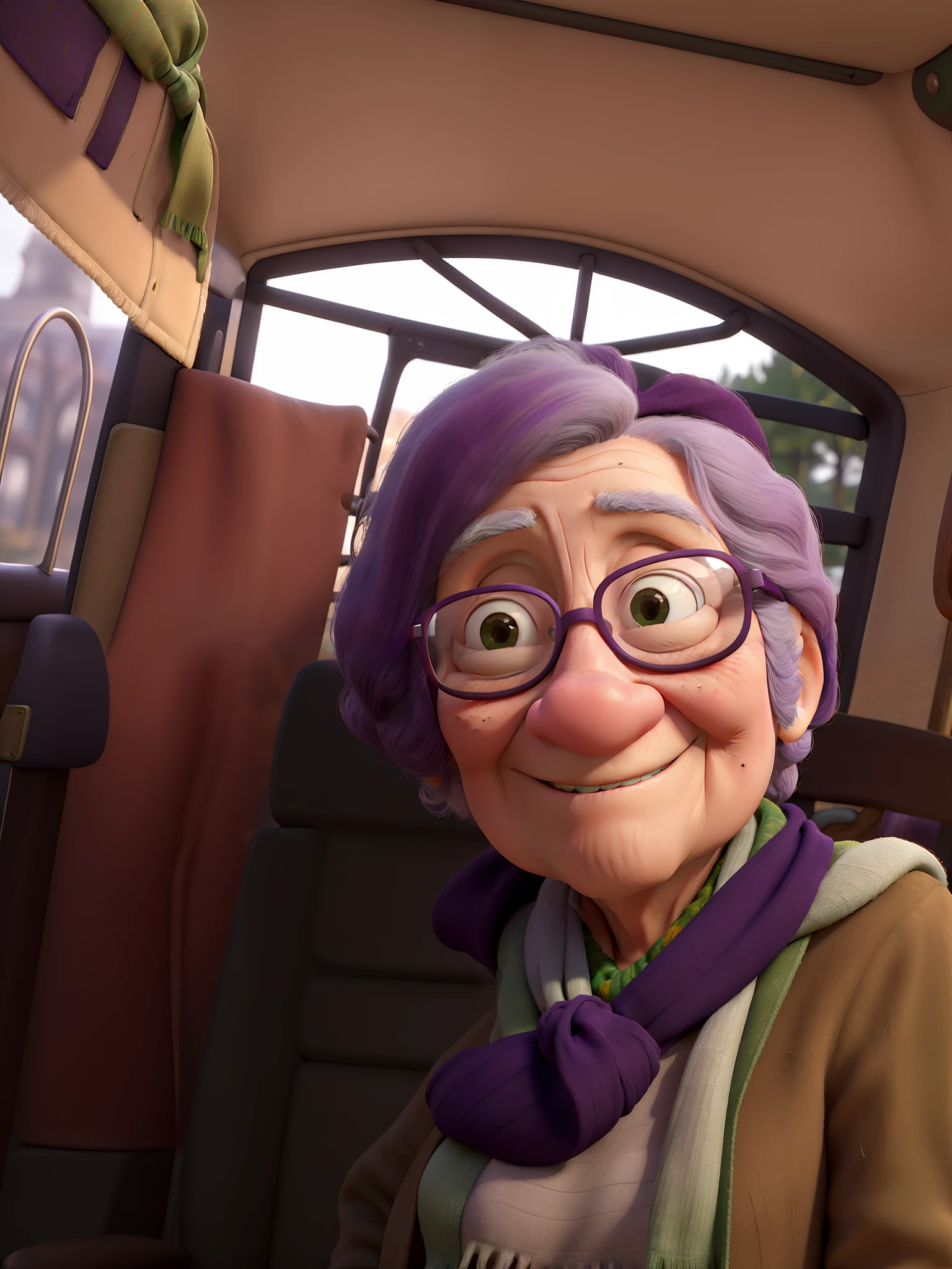masterpiece, best quality, an old woman with glasses and a scarf on, wearing a purple coat and green scarf, standing at the park