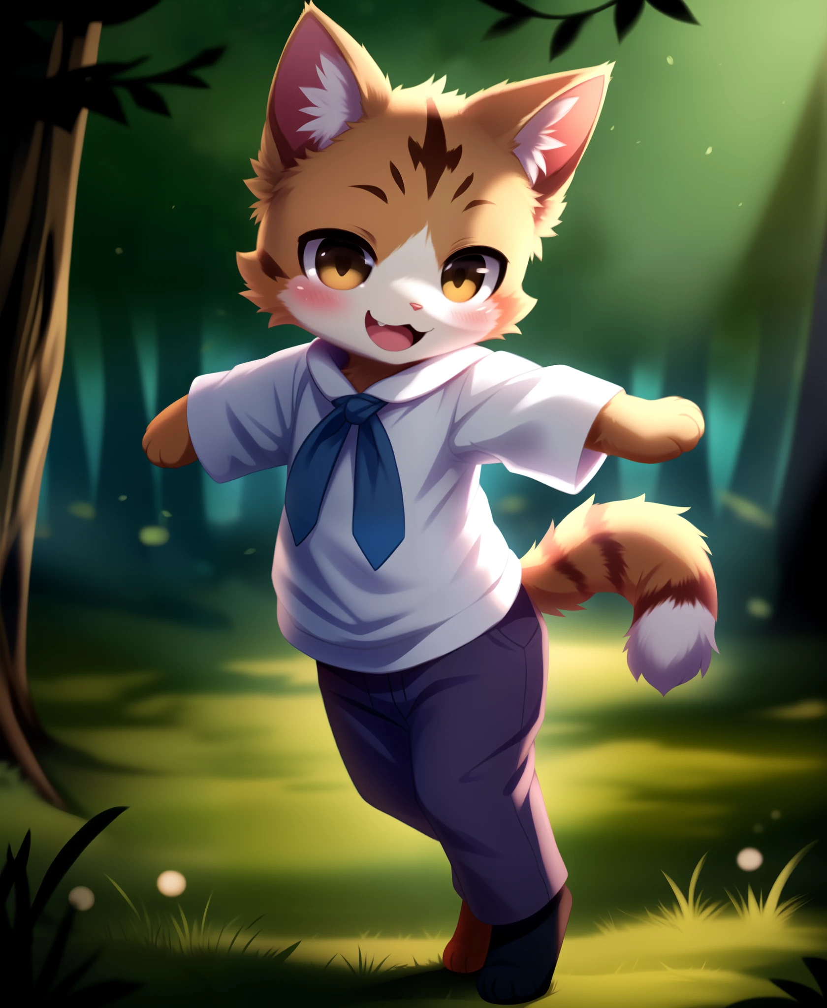 dagasi, ( furry body) , (realistic fur) , standing, fluffy tail, blush, (:3), species that looks like a cross between girl and a cat, a happy ,dancing, cinematic lighting ,4k, in the forest, cute