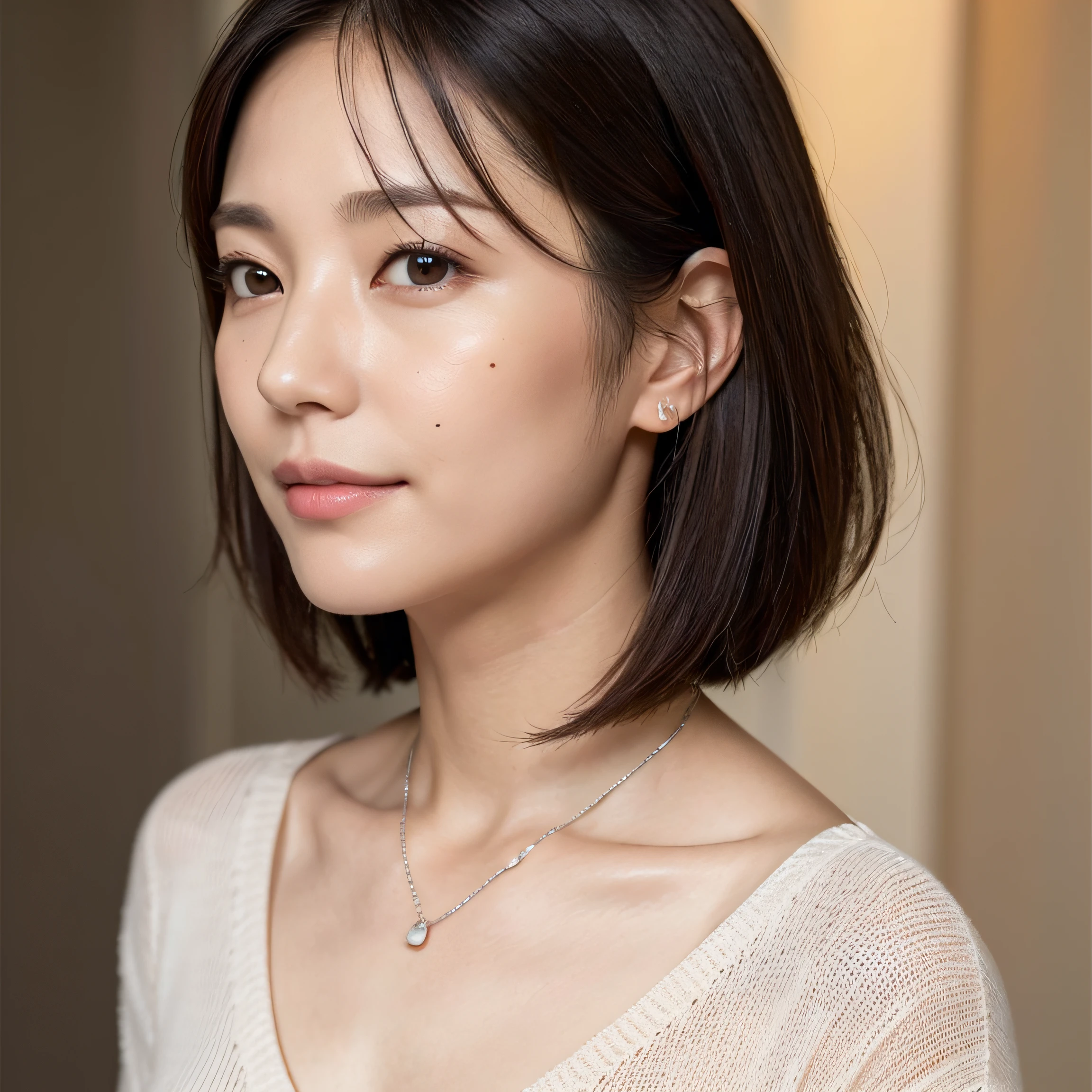 (8K, top-quality, masterpiece:1.3, 超A high resolution, A hyper-realistic), High Detail, (Face like the real thing), Photorealsitic, Raw foto, ((one beautiful women)), Detailed face, beautidful eyes, realisticeyes, Eyes in Beautiful Details, (real looking skin), Beautiful skins, enticing, depth of fields, hight resolution, High pixel count, ((Sideways face, Looking away, Don't look your audience in the eye, Don't look at the camera)), fashionable cafe, The background is also in the picture, clear details, sharp photo, Natural color reproduction, Noise Reduction, High fidelity, Small pendant in silver color, A small necklace in silver color, (Wine-colored light knit U-neck shirt, Neat and clean clothing, Clothes that make it difficult to see the chest, Clothes that make it difficult to see the chest, Clothes with a closed chest), small tits, Sexy lips, Ears are visible, a smile, kindly smile, Beautiful skins, enticing, the golden ratio, (Detal Face:1.2), profetional lighting, Lighting the face, best light, japanes, A Japanese Lady, Japan Mature Woman, a matural female, Short Bob Hair, ((45 yers old, Beautiful, Wrinkles on the face, Wrinkles at the corners of the eyes, Nasolabial fold wrinkles, Small wrinkles, Beautiful, Beautiful Aunt, Moderate moles, Small mole on the face))