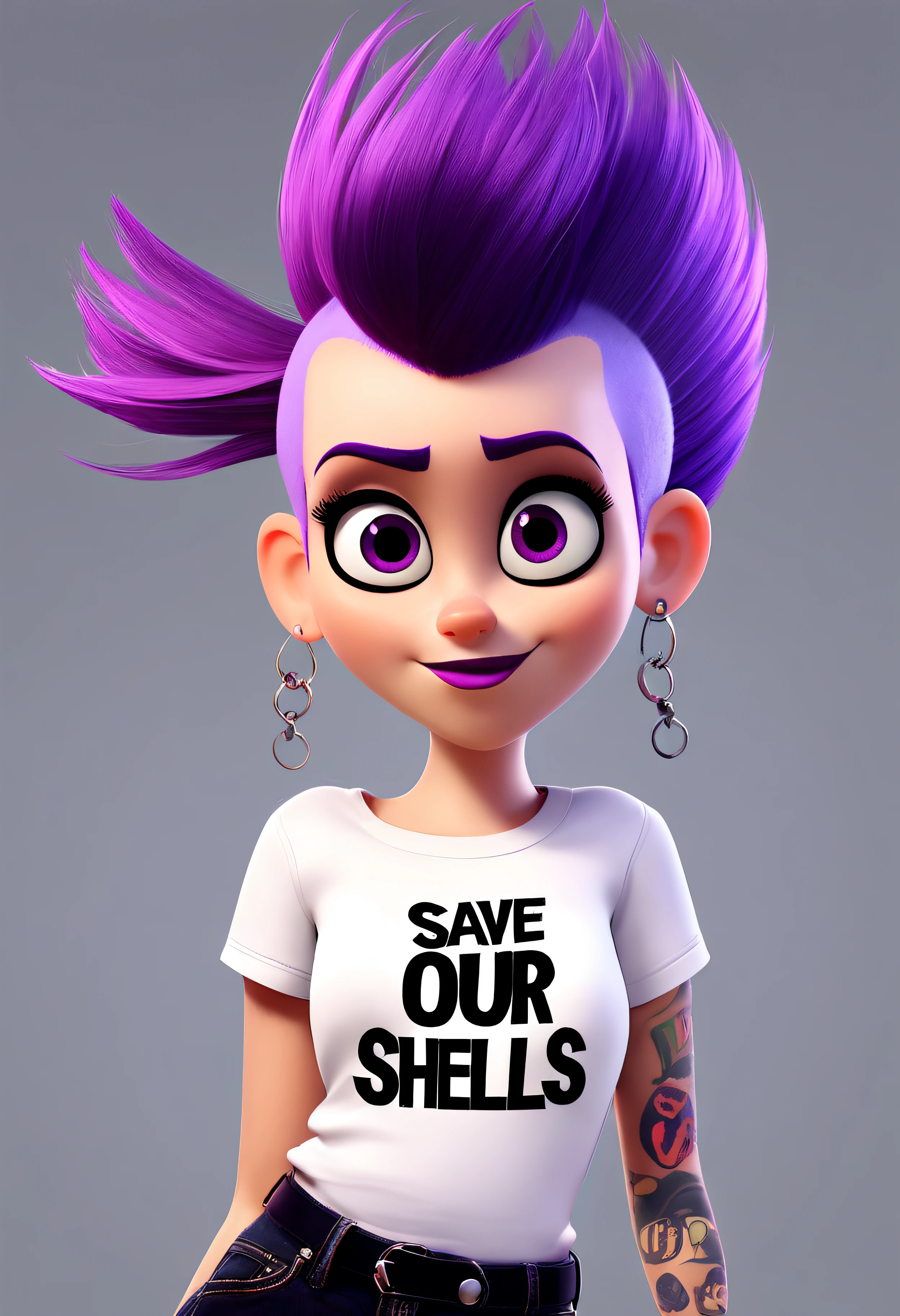 (PIXAR STYLE:1.5) sexy punk girl with a purple mohawk wearing a t-shirt, text as "SAVE OUR SHELLS",style_bebas