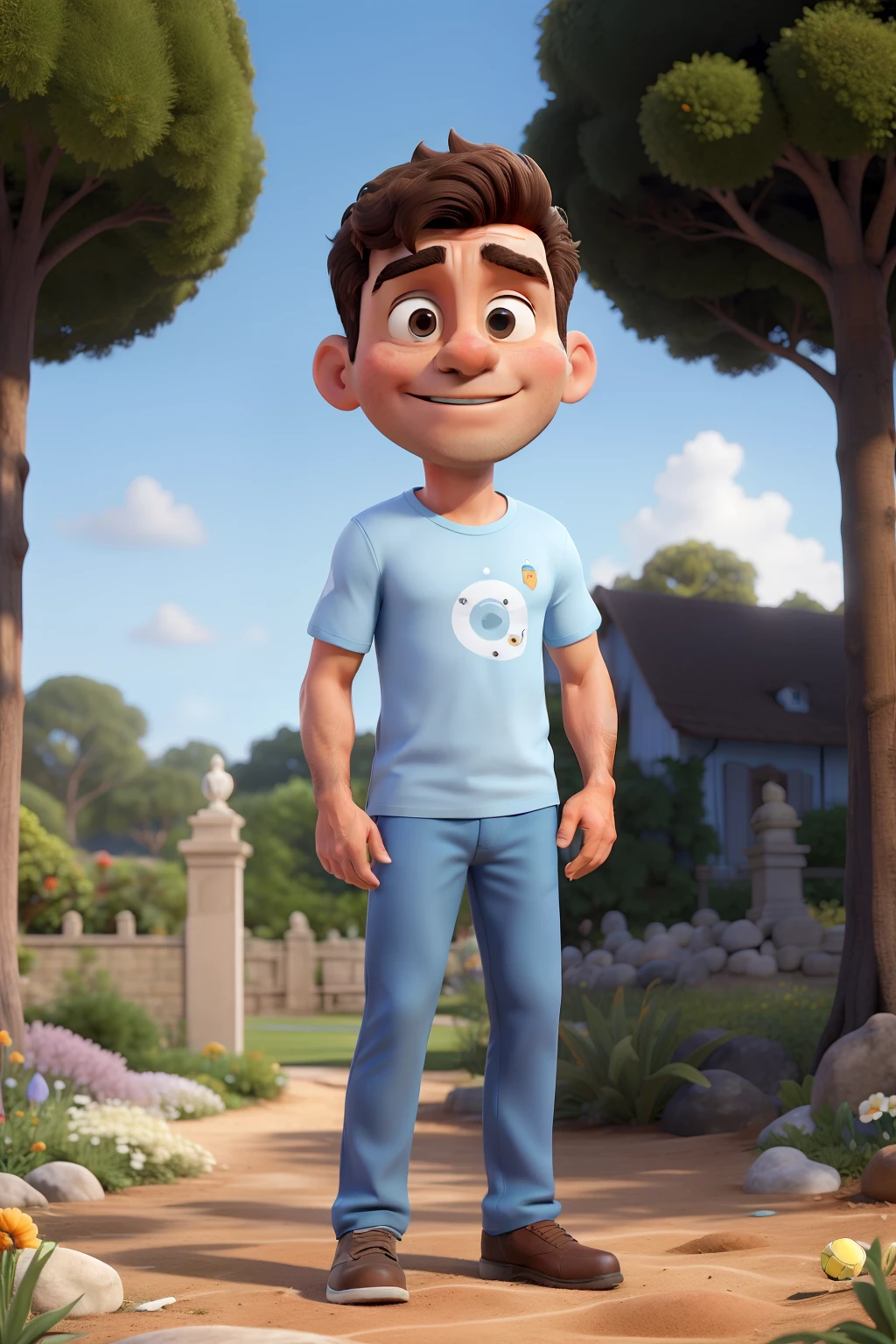 Obra-prima, de melhor qualidade, homem branco, elegante, careca, Wearing light blue pants, camiseta, tenis, Standing in the Enchanted Garden