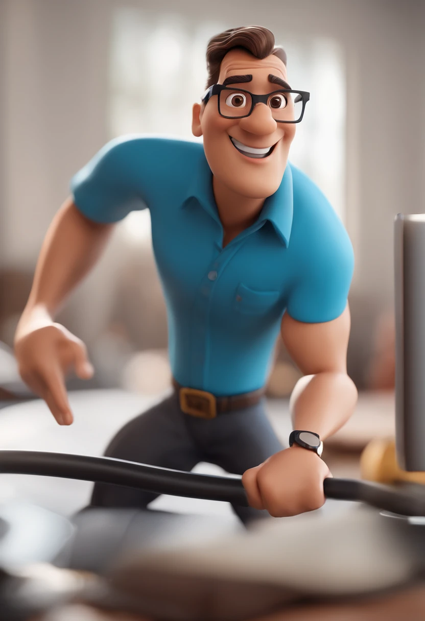 Cartoon character of a man with black glasses and a blue shirt, animation character, Caractere estilizado, animation style rendering, 3D estilizado, Arnold Maya render, 3 d render stylized, toon render keyshot, Personagem 3D, Personagem 3D, 3d rendering stylized, 3 d character render, personagem de desenho animado, Personagem de close up, Pose de personagem,  (Estilo Pixar) (master part:1.2) (Bokeh) (best quality) (pele detalhada) (textura detalhada) (8k) (argila) (Cinematic lighting) (foco nítido