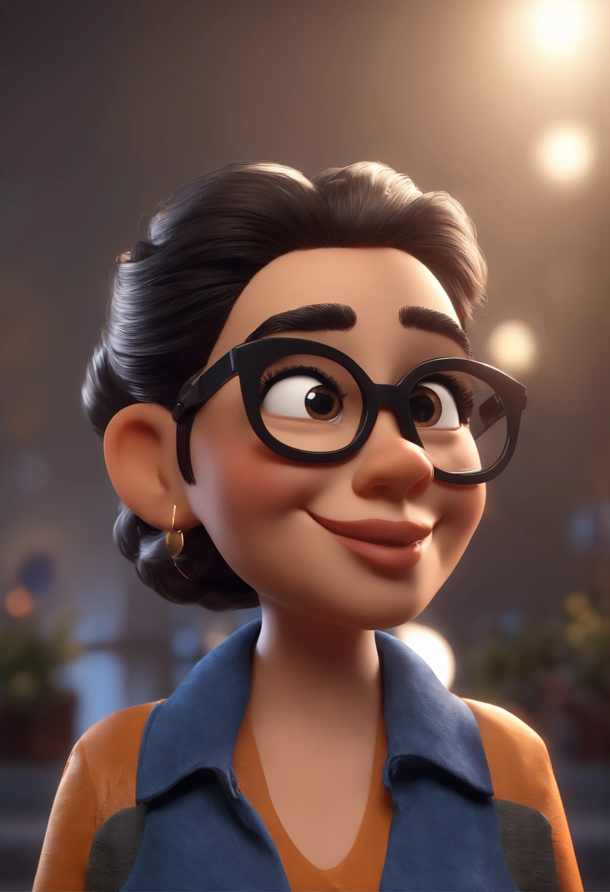Cartoon character of a woman with black glasses and a blue blouse, cabelos curto preros 1.60 cm Animation Character, Caractere estilizado, animation style rendering, 3D estilizado, Arnold Maya render, 3 d render stylized, toon render keyshot, Personagem 3D, Personagem 3D, 3d rendering stylized, 3 d character render, personagem de desenho animado, Personagem de close up, Pose de personagem, (Estilo Pixar) (master part:1.2) (Bokeh) (best quality) (pele detalhada) (textura detalhada) (8k) (argila) (Cinematic lighting) (foco nítido
