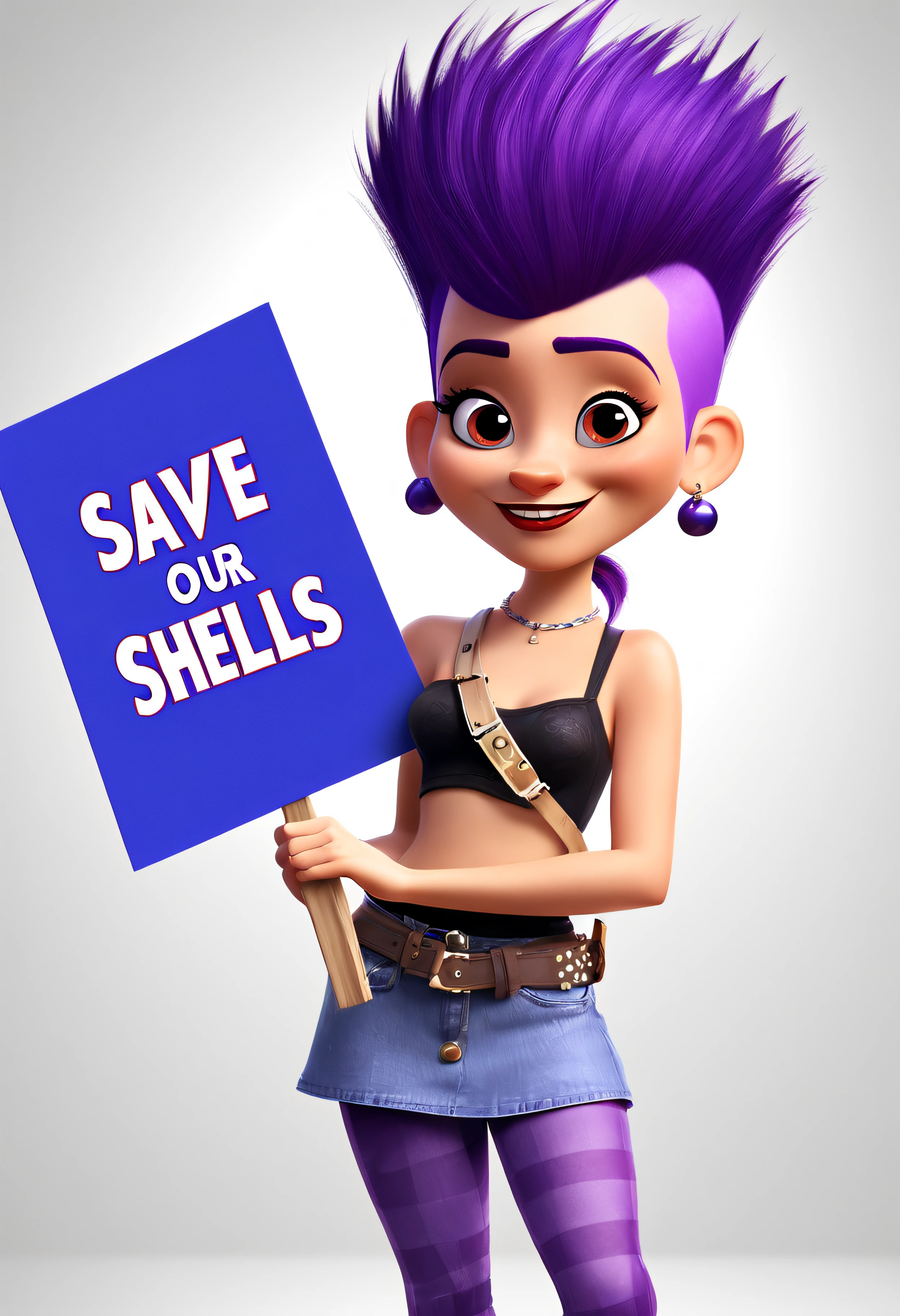 (PIXAR STYLE:1.5) sexy punk girl with a purple mohawk holding a sign, text as "SAVE OUR SHELLS",style_poppins