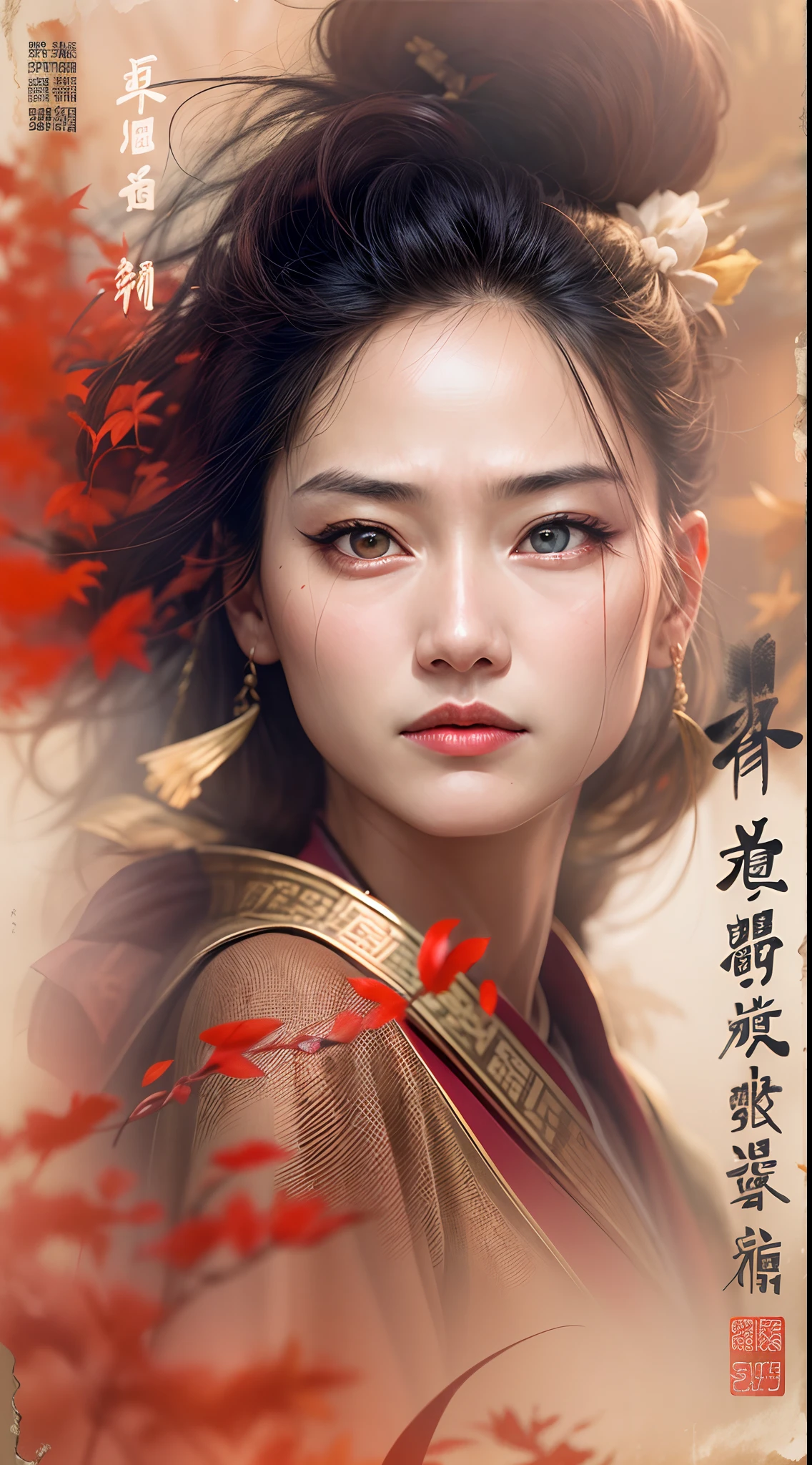 (Best quality, Movie poster style), A beautiful woman with (one red eye:1.2),(Meaningful Chinese screenwriting:1.1), Combine elements perfectly.