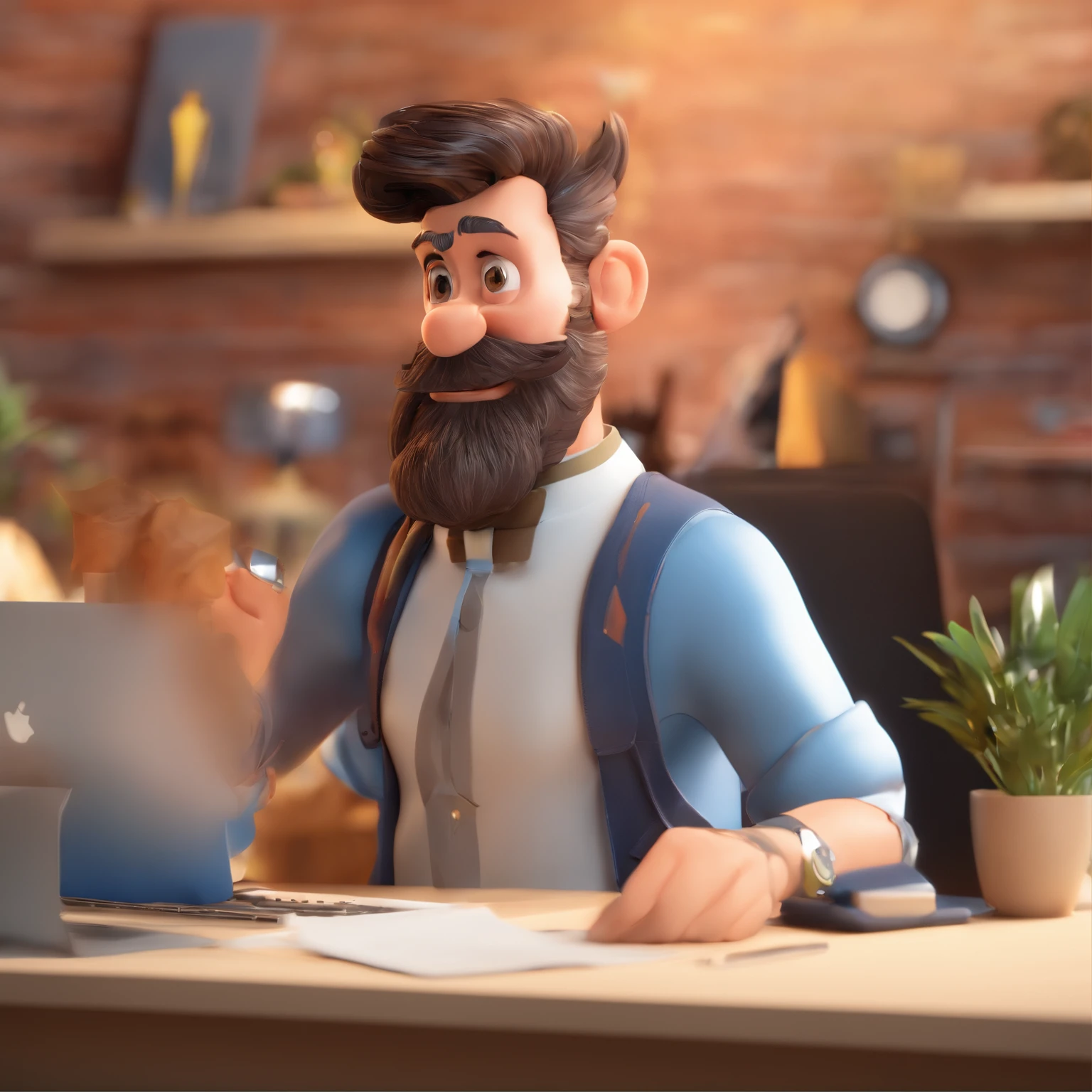 Criar um personagem no estilo Pixar. Trata-se de um homem de 30 anos, com barba, Branco, com cabelos castanhos curtos e um quiff, e olhos castanhos. Ele deve estar na frente de um computador, Trabalhar como designer