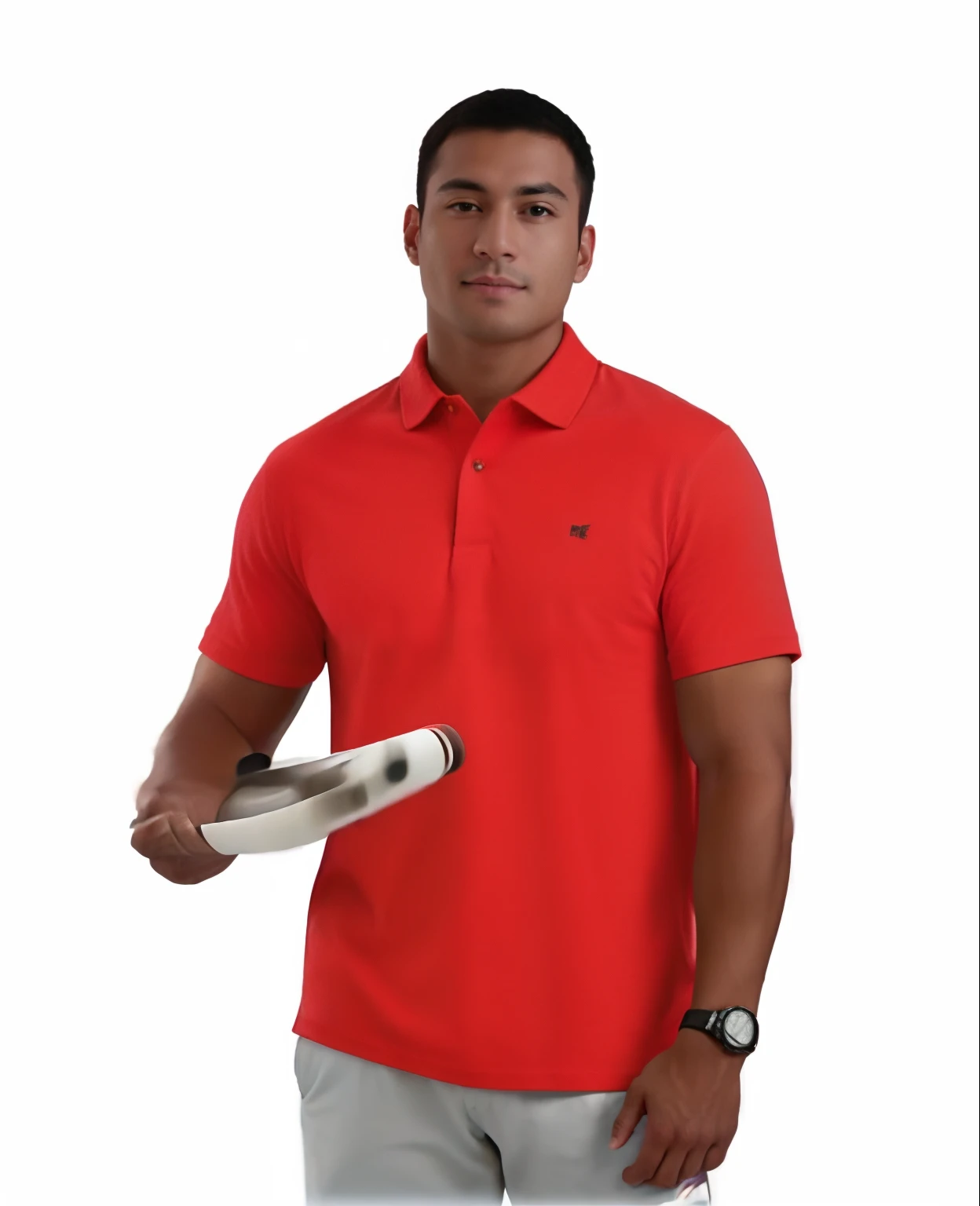 arafed man in a red shirt holding a tennis racket, wearing polo shirt, 3/4 front view, light stubble with red shirt, advertising photo, avant designer uniform, commercial photo, front portrait, red t-shirt, official product photo, superior look, only red colour, photo render, catalog photo, red sport clothing, full body photograph