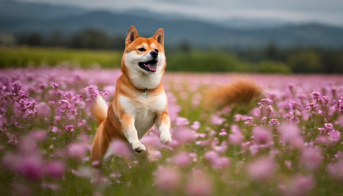 Shiba Inu dancing in a flower field