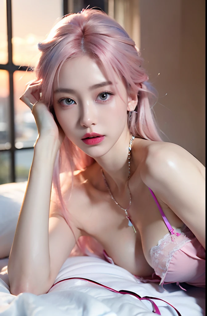 photo realistic,(1 young beautiful korean girl, laying on a bed in a sexy pose),(wearing sexy lingerie:1.2),(distant gaze:1.2),full accesories,necklace,slim waist,soft makup, instagram (photorealistic, high resolution:1.2), looking at viewer , (cute face:1.15) (8k, RAW photo, best quality, masterpiece:1.2), (realistic, photo-realistic:1.17),(sharp focus:1.2), professional lighting, photon mapping, radiosity, physically-based rendering, (pale skin:1.2),(medium breasts:1.2), blue eyes, (pink hair:1.2), realistic, (masterpiece:1.25),(best quality:1.25),(shiny skin),(red lips, halo makeup:1.15),(skinny,shy :1.2), (sunset light:1.15), outside,