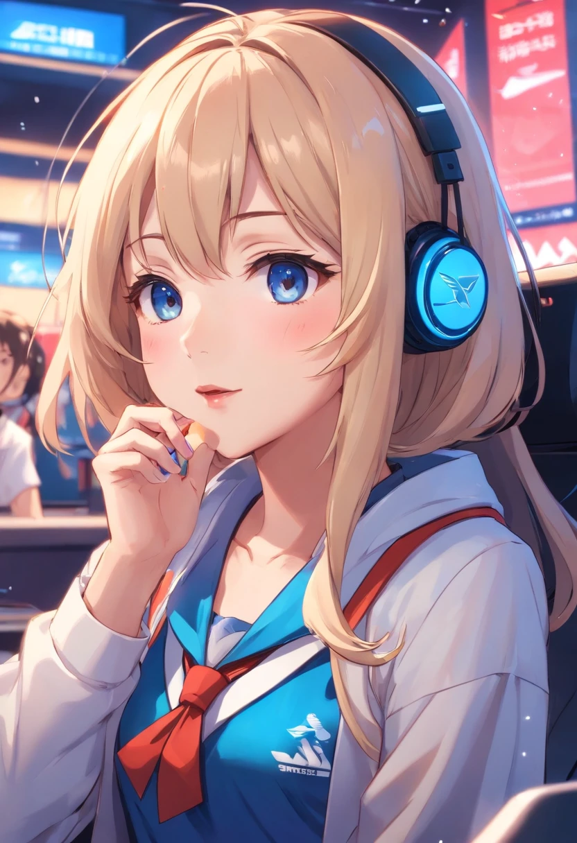 uma ,uniformes da equipe,Jaqueta de camisa branca e azul,gravata borboleta azul,saia plissada,long, whitish hair,cabelos pretos,Olhos eBlue,olhos grandes,red lips,prette,adolable,sentado em frente ao computador,Participate in esports competitions,Many people behind him were cheering and shouting,Cheer for the players,Panoramic view of live esports tournaments