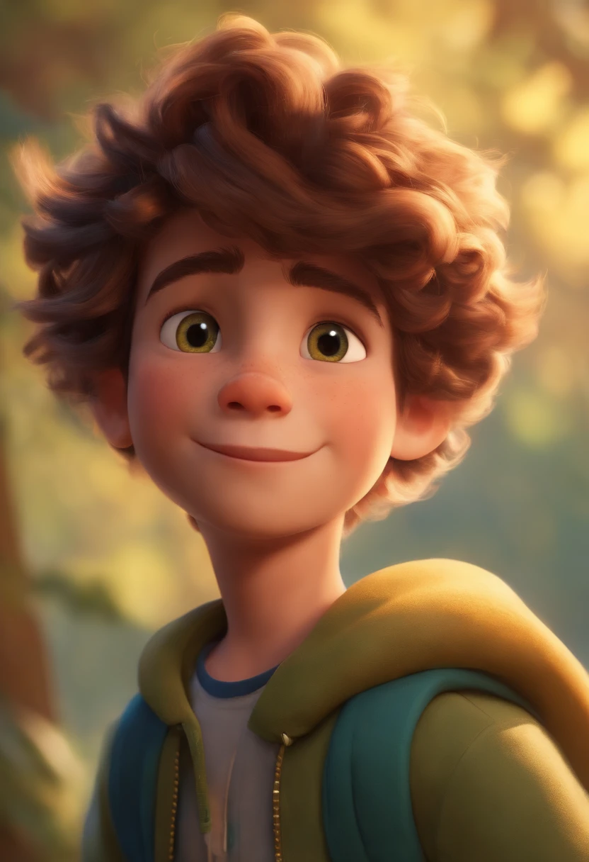 Image of a boy for a story in a YouTube video in Pixar format, He's the allabester, He's the class leader, He's outgoing, Playful and gets up for a lot of things, cabelo curto