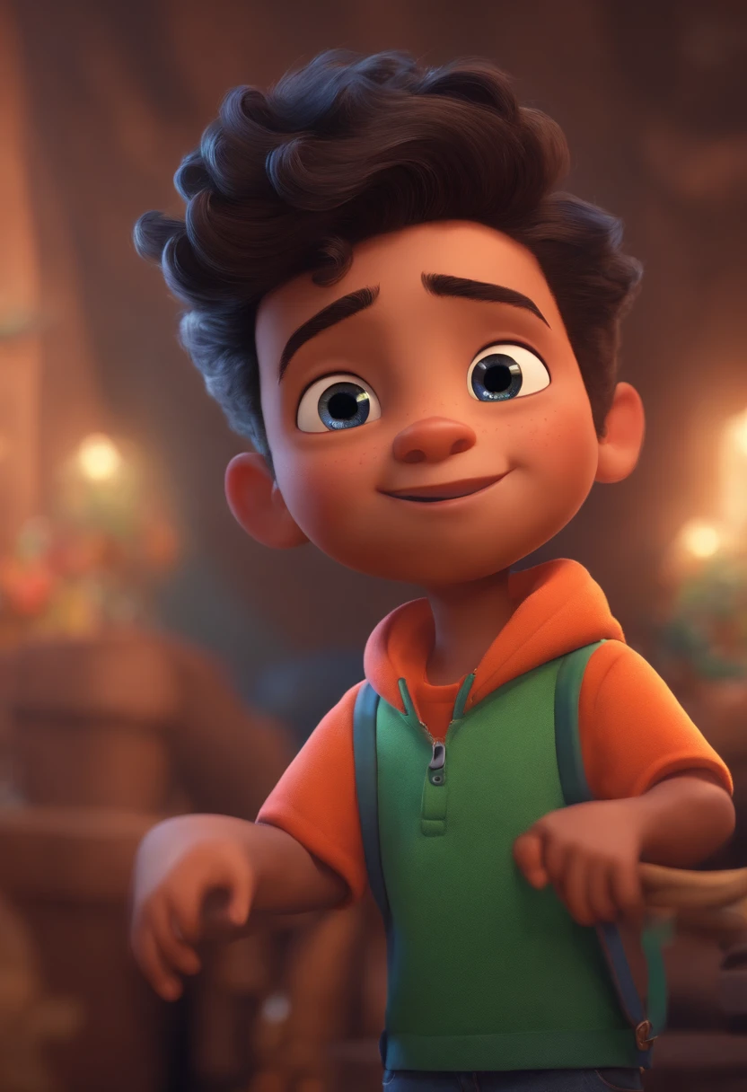 Image of a boy for a story in a YouTube video in Pixar format, He's the little allabester, He's the class leader, He's outgoing, Playful and gets up for a lot of things, cabelo curto