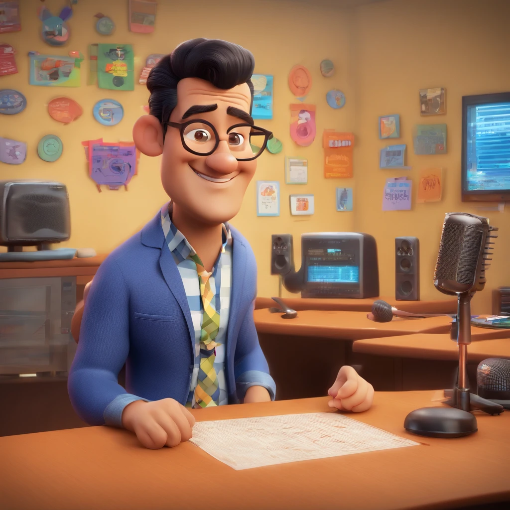 Create a Disney Pixar-inspired poster with the character being a tall, fat 45-year-old radio host with black hair smiling over the radio studio checkered shirt