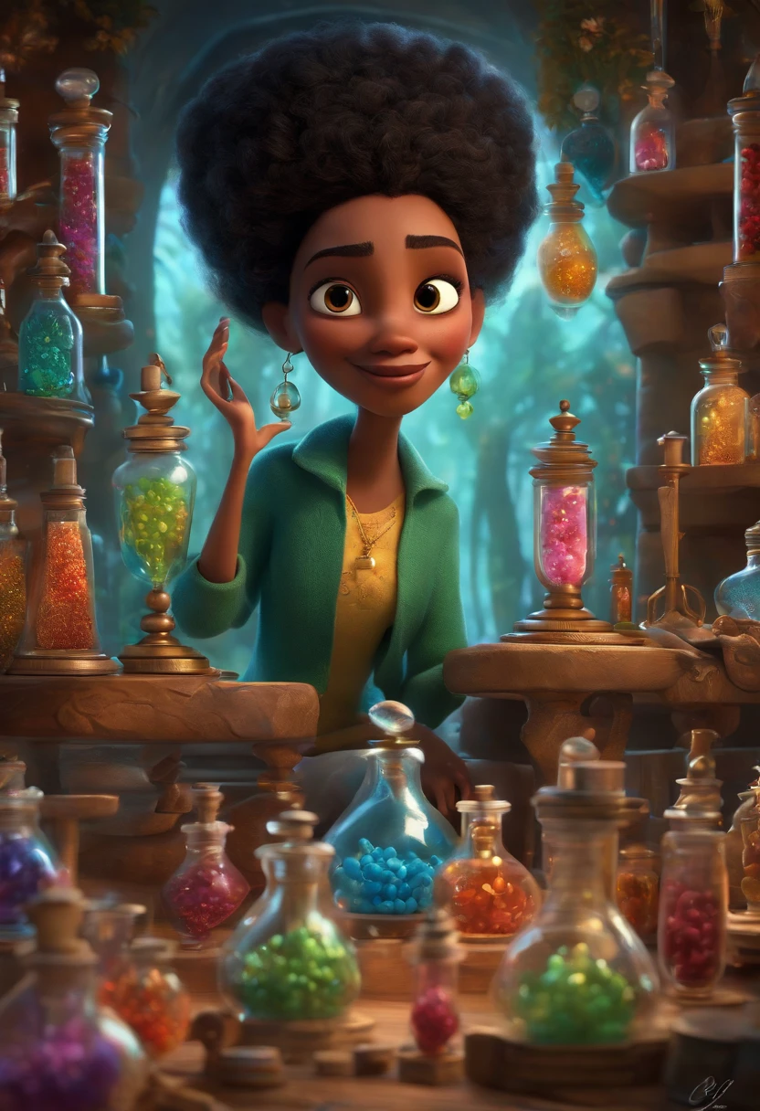 A collector of ideas inspired by Pixar animation, de perto. She is surrounded by a collection of magic vials, each containing a unique idea. The focus is on the character, with a captivating facial expression, Against a backdrop of shimmering, cores efervescentes.