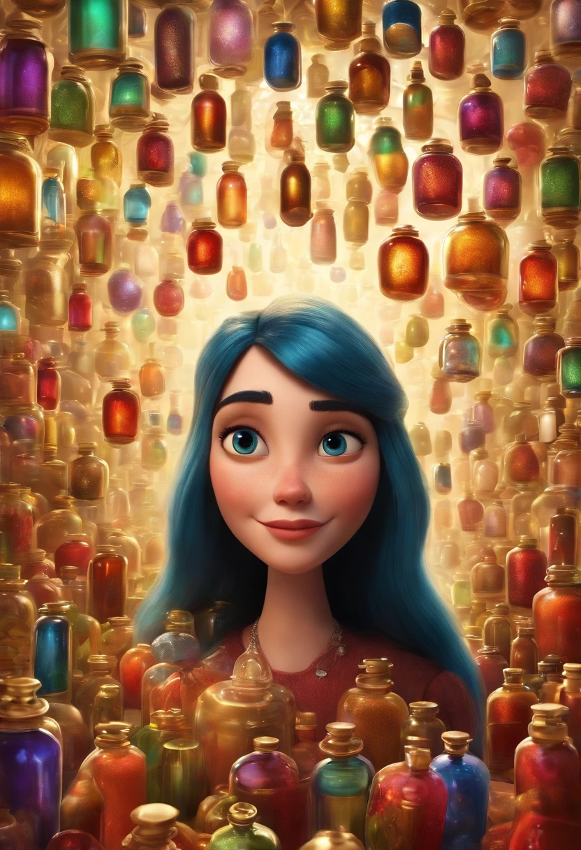 A collector of ideas inspired by Pixar animation, de perto. She is surrounded by a collection of magic vials, each containing a unique idea. The focus is on the character, with a captivating facial expression, Against a backdrop of shimmering, cores efervescentes.