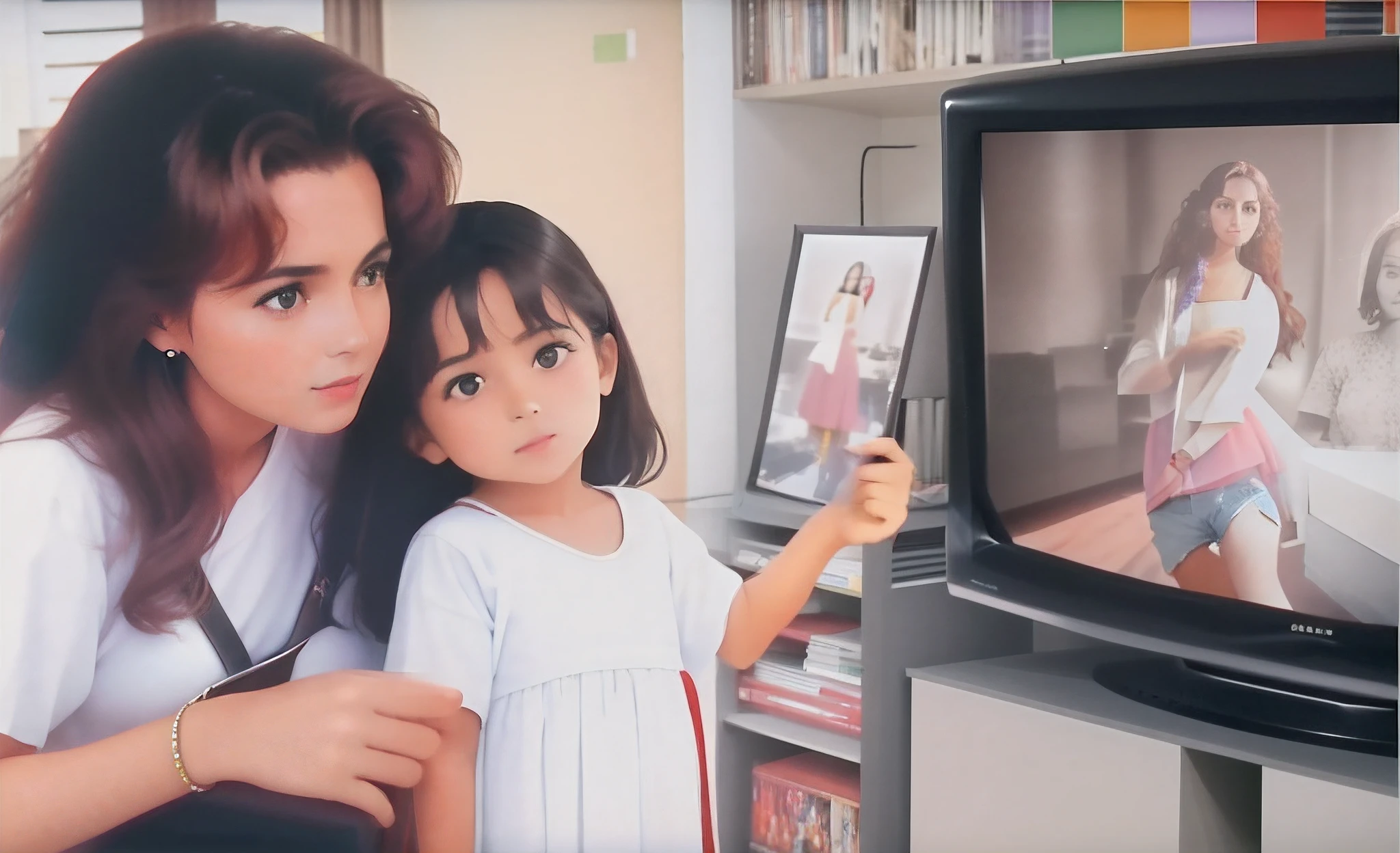 There's a woman and a girl who are standing in front of a TV, television still, imagem antiga, TV ainda quadro, black and white television still, imagem de qualidade muito baixa, television show, foto antiga, Vindima granulada, muitos anos se foram, videotape still from 1985, documentary still, Qualidade de imagem VHS colorida