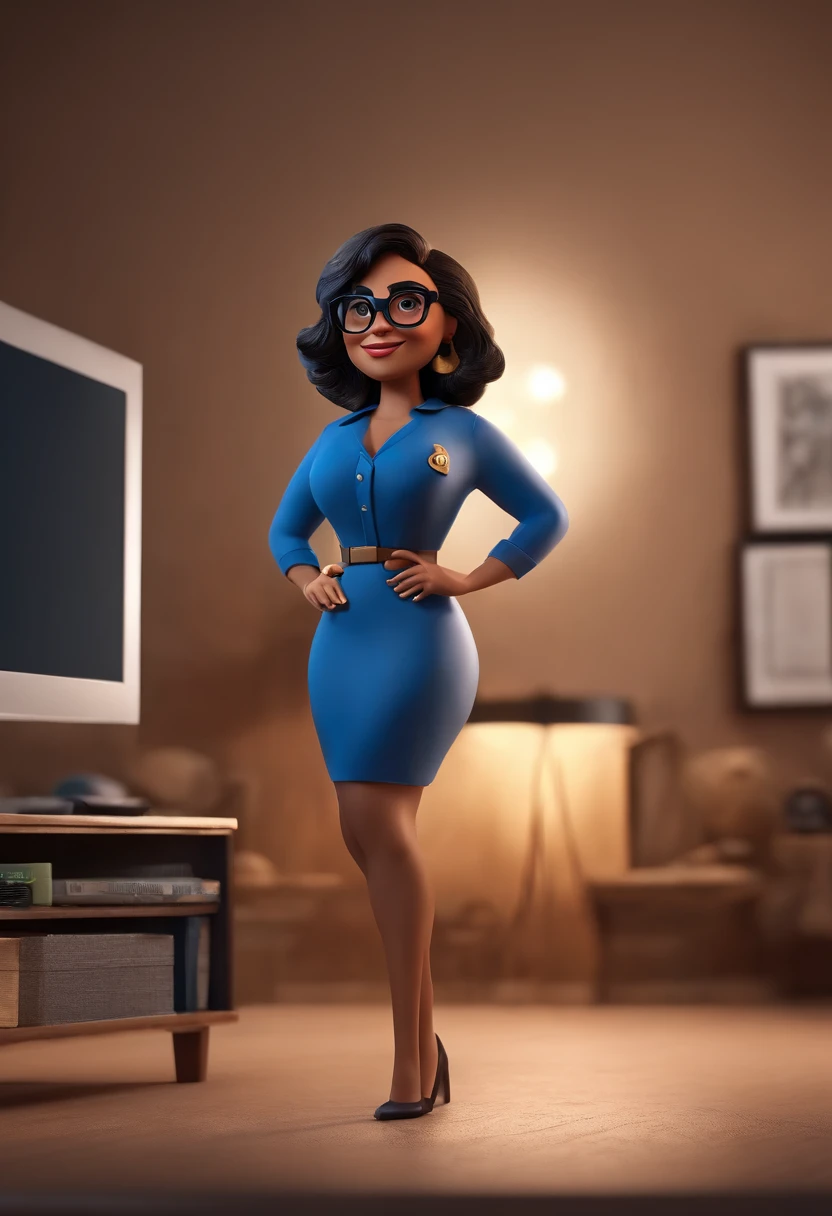 Cartoon character of a woman with black glasses and a blue blouse, cabelos curto pretos  1.Animation Character of 1.60 cm de altura, Caractere estilizado, animation style rendering, 3D estilizado, Arnold Maya render, 3 d render stylized, toon render keyshot, Personagem 3D, Personagem 3D, 3d rendering stylized, 3 d character render, personagem de desenho animado, Personagem de close up, Pose de personagem,  (Estilo Pixar) (master part:1.2) (Bokeh) (best quality) (pele detalhada) (textura detalhada) (8k) (argila) (Cinematic lighting) (foco nítido