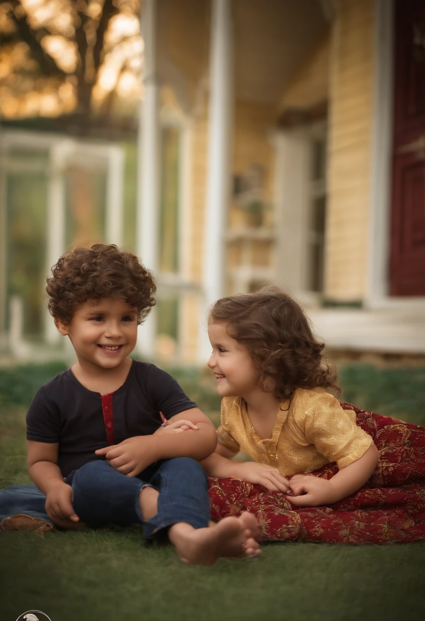 menino: Miguel, aproximadamente 5 anos de idade, cabelo curto estilo Disney, olhos castanhos e sorrisos. garota: Giovana, 2 anos, longos cabelos pretos e olhos azuis. scenecy: Miguel and Giovana are in a cozy little house in the valley, ao fundo um dia ensolarado, Destacando o Sol.