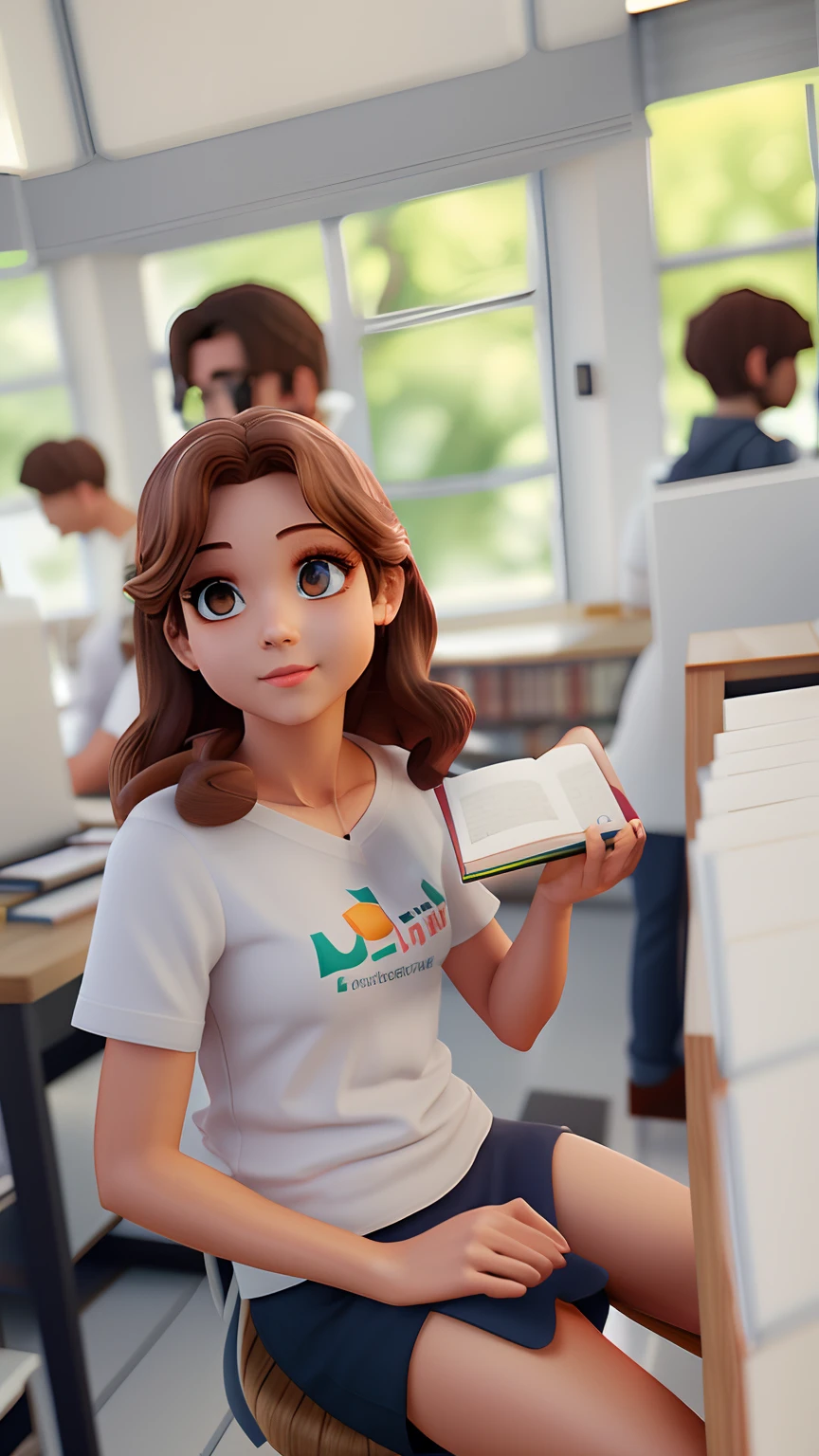 Menina dos desenhos animados sentada em uma cadeira segurando um livro em uma biblioteca, semi-realistic rendering, render de uma menina anime 3d bonito, bonito 3 d render, high res render, estudante, Atey Ghailan 8 K, promotional render, art render, super detailed rendering, animation style rendering, renderizado no liquidificador, Librarian, stylized as a 3d rendering