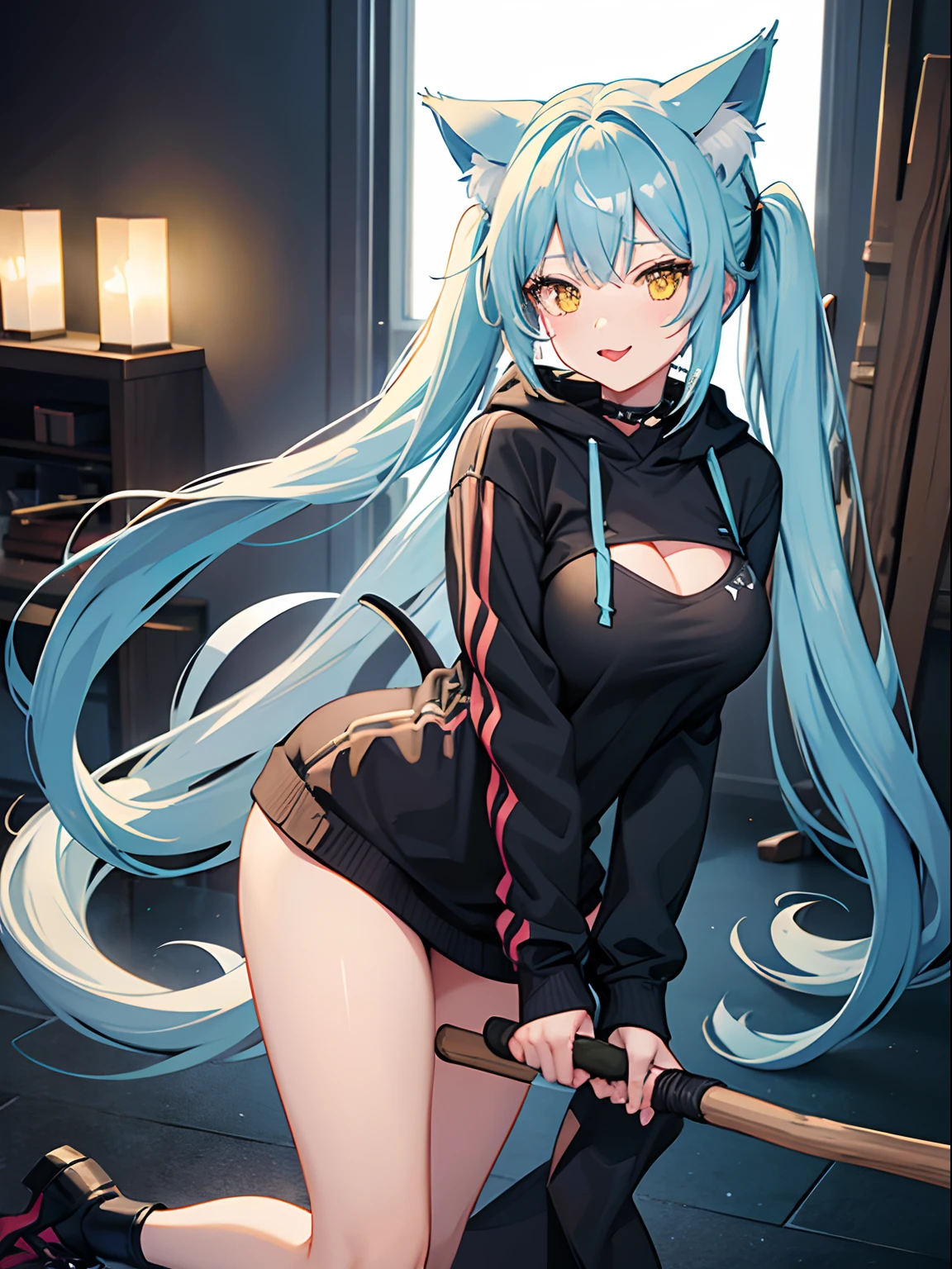 Long Hair, Twintail, Light Blue Hair, Yellow Eyes, Cat Ears, Cat Tail, Big Boobs, Wearing Hoodie, Long Stocking, Nighttime, Wearing Black Gloves, Inside a house, Stick out the tongue