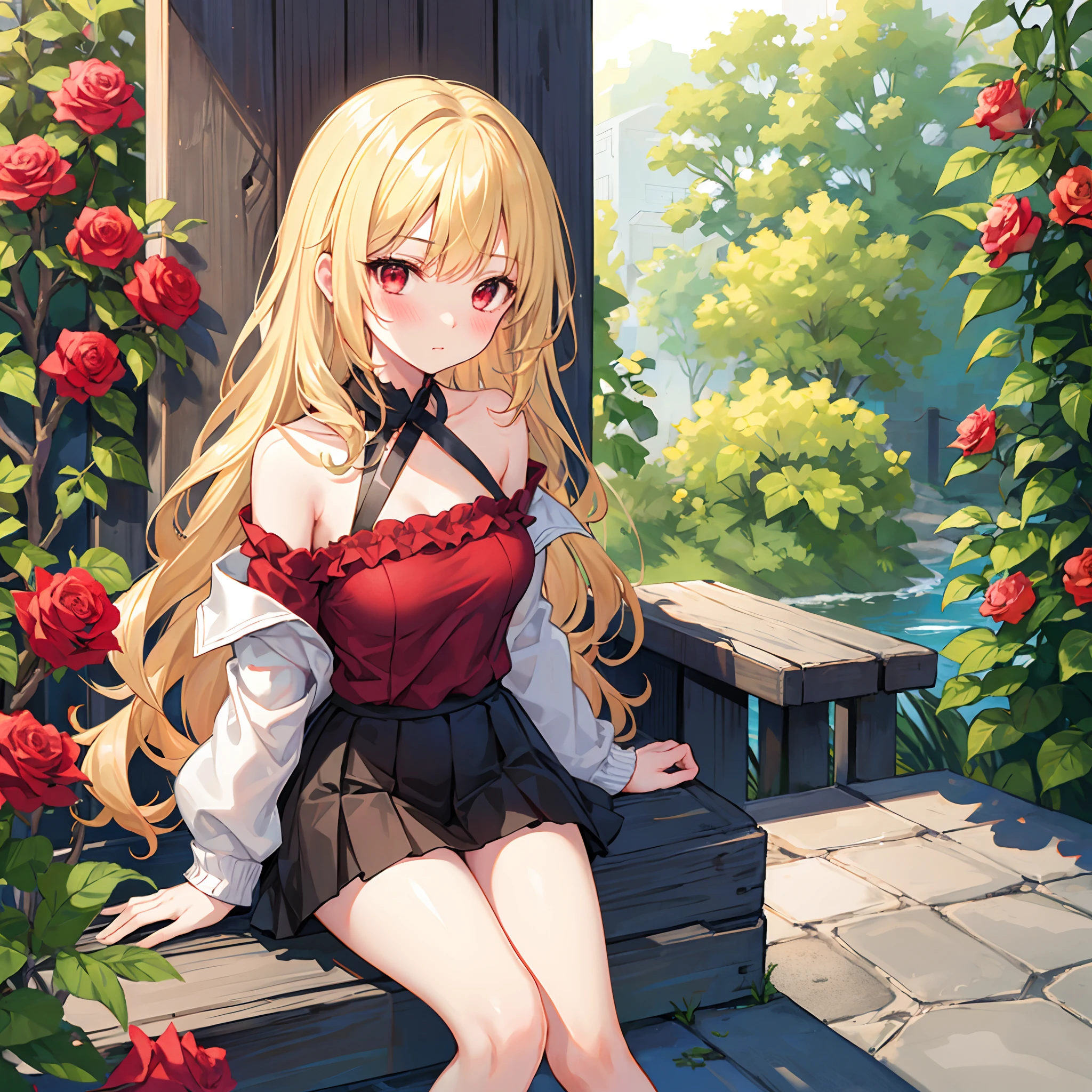 Girl with wavy blonde hair and red eyes、Sitting surrounded by roses、red blush、off shoulders、a miniskirt