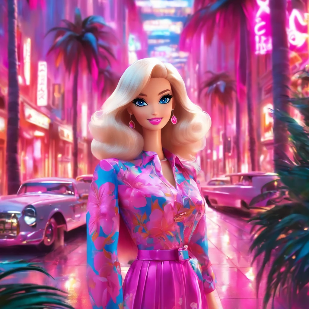 Make another scene with the same style, Barbie is now out of the perfume shop, Now she's holding a perfumery bag, Ela estava prestes a entrar no carro, your car is a Corvette C1, rosa e branco, Corveta C1, Ela usava um vestido xadrez rosa e branco，O pano de fundo mostra uma cidade com 80 estados, There are palm trees and many pink flowers.