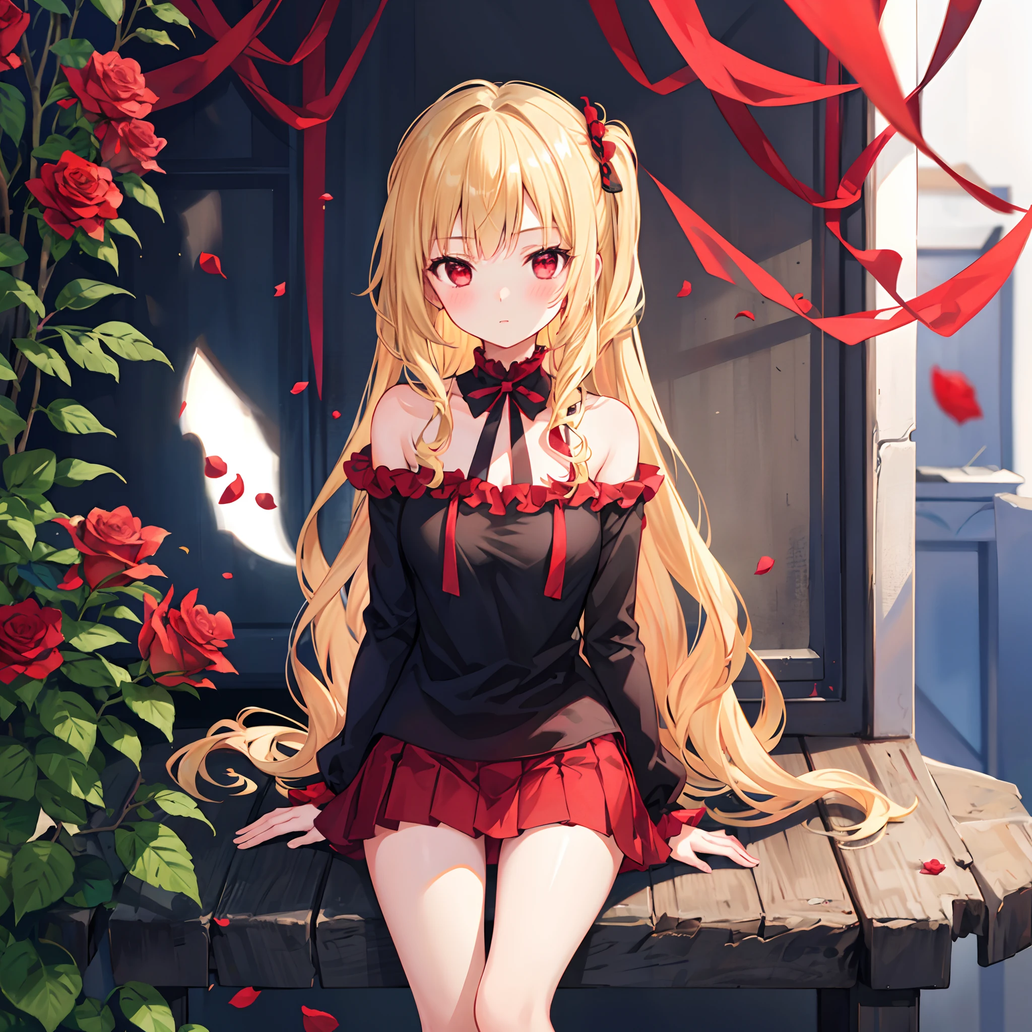 Girl with wavy blonde hair and red eyes、Sitting surrounded by roses、red blush、off shoulders、a miniskirt
