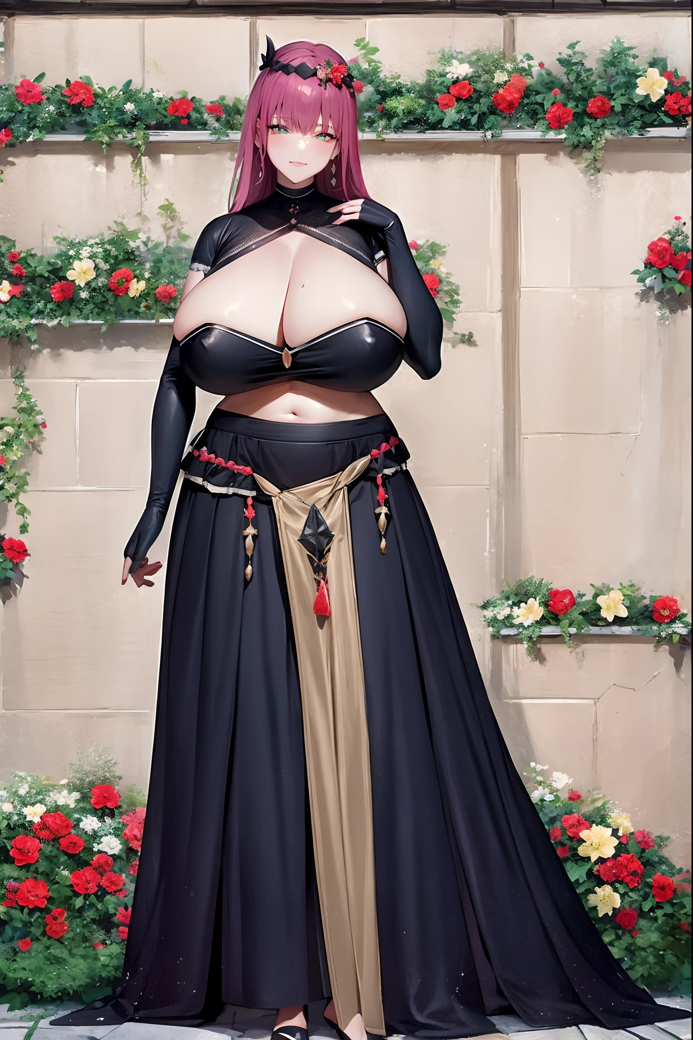 ladyj, 1girl, breasts,( gigantic breasts:1.2), solo, navel, purple lipstick, smirk,armpits, areola slip, cleavage, looking at viewer, huge breasts, white background, floral castle background, bare shoulders, flower, woman-medieval-clothes, bridal gauntlets, sleeves, blush, gloves, clothing cutout, , curvy, closed mouth, tunic, full body