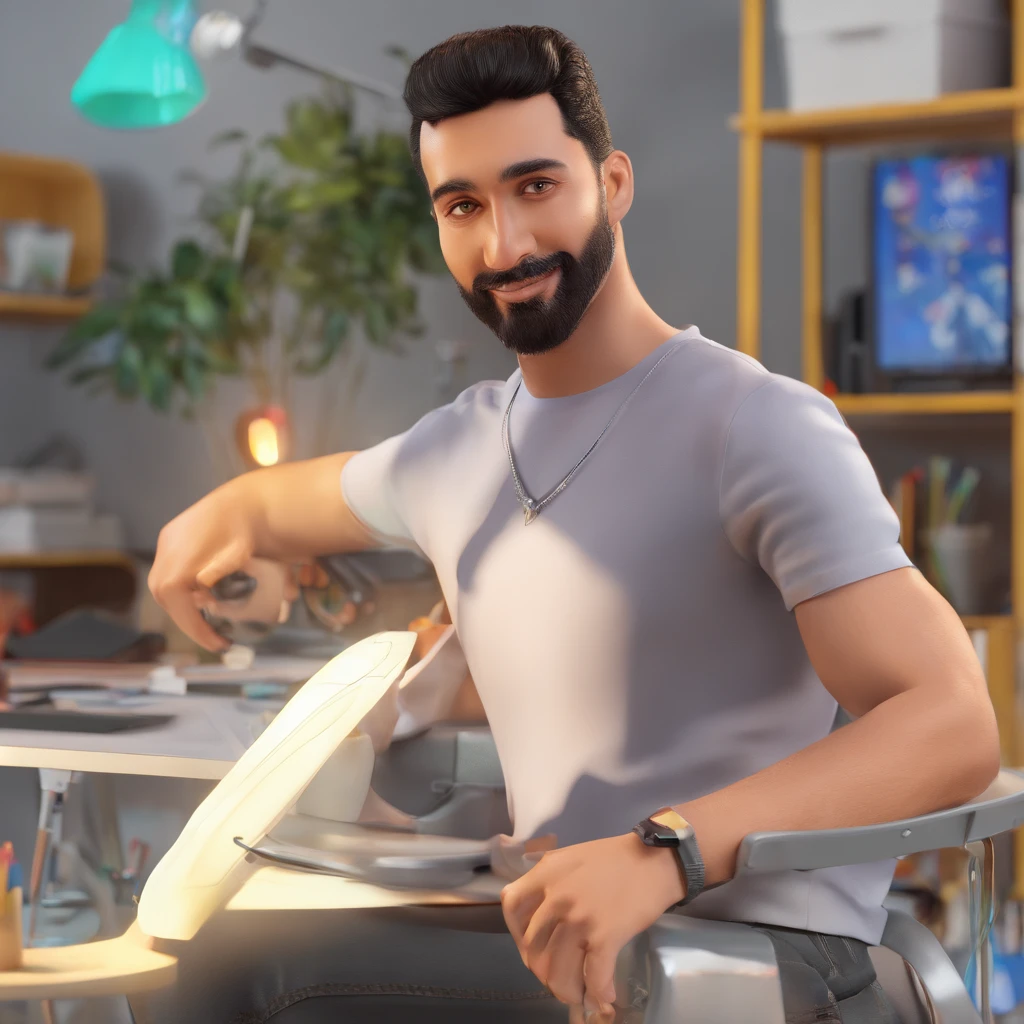 (best quality,4k,8k,highres,masterpiece:1.2),ultra-detailed,(realistic,photorealistic,photo-realistic:1.37),Junior,33-year-old father,dark-skinned,happy designer with black hair,designer in a busy workplace,a beautiful gray cockatoo on his shoulder